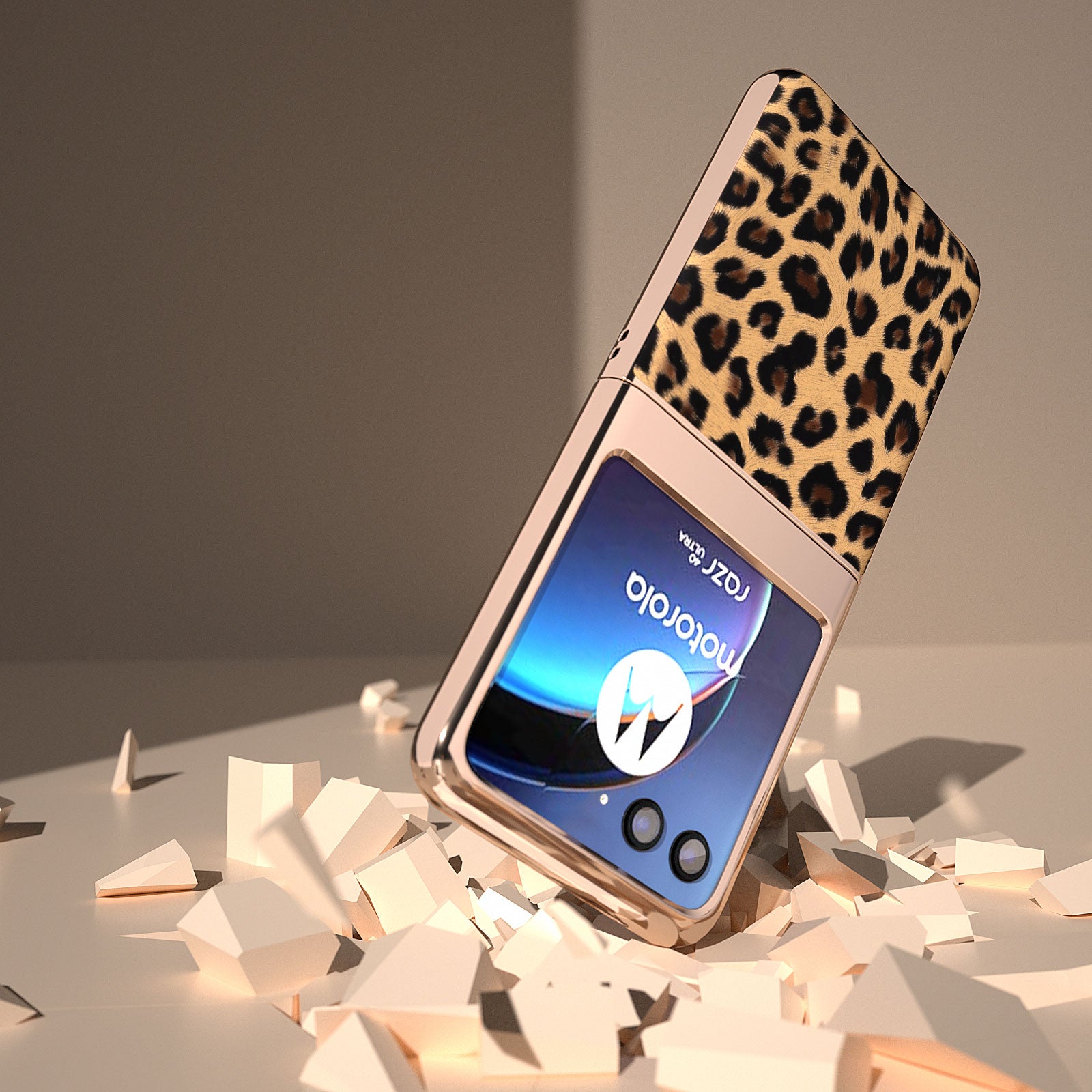 Uniqkart for Motorola Razr 40 Ultra 5G PU Leather + Hard PC Phone Case Nano Electroplating Leopard Pattern Cover - Champagne Gold