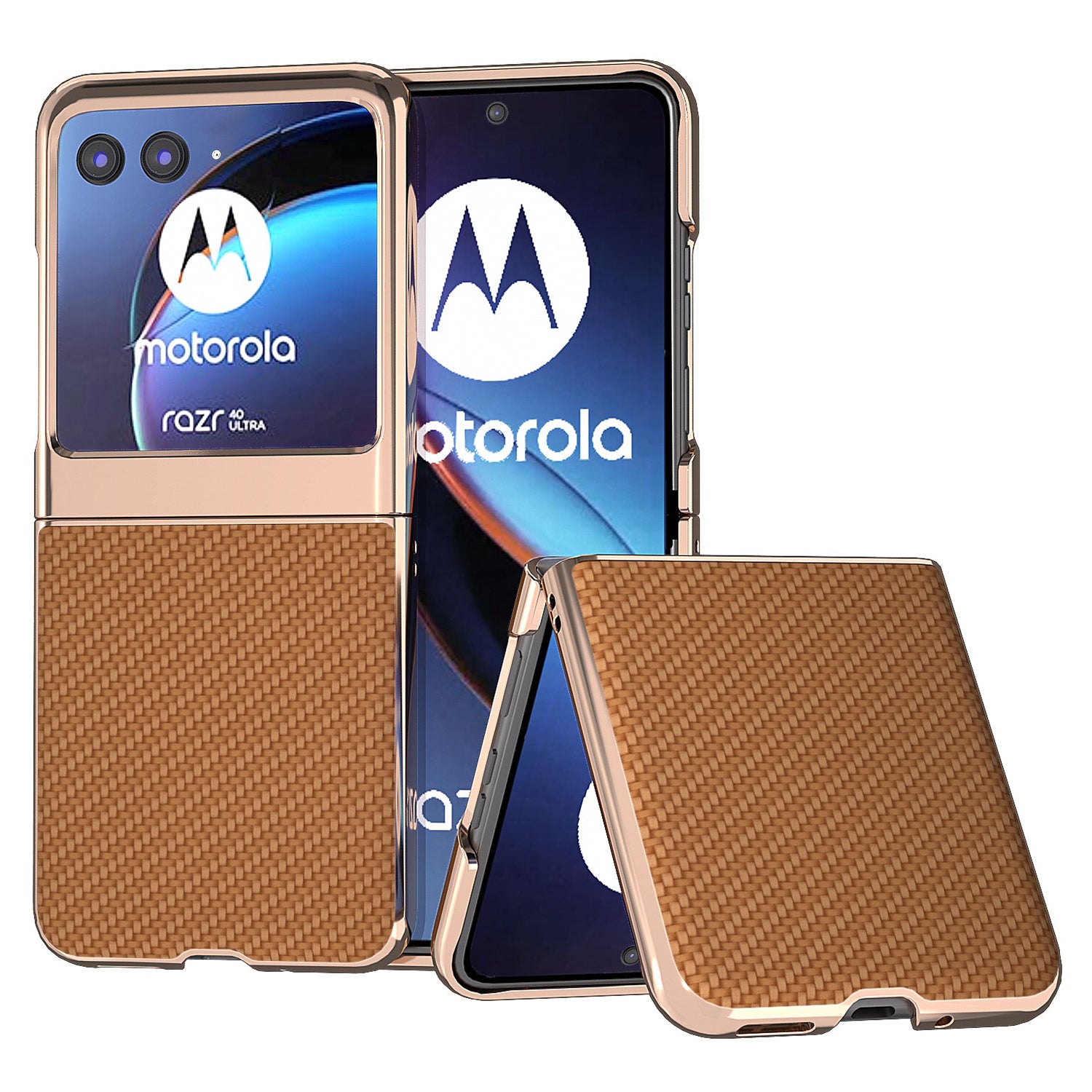 for Motorola Razr 40 Ultra 5G PU Leather + PC Electroplating Case Carbon Fiber Texture Phone Cover - Light Brown