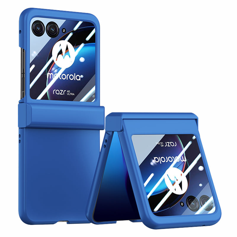 Uniqkart for Motorola Razr 40 Ultra 5G Phone Case Hinge Design PC Cover with Tempered Glass Rear Screen Protector - Dark Blue