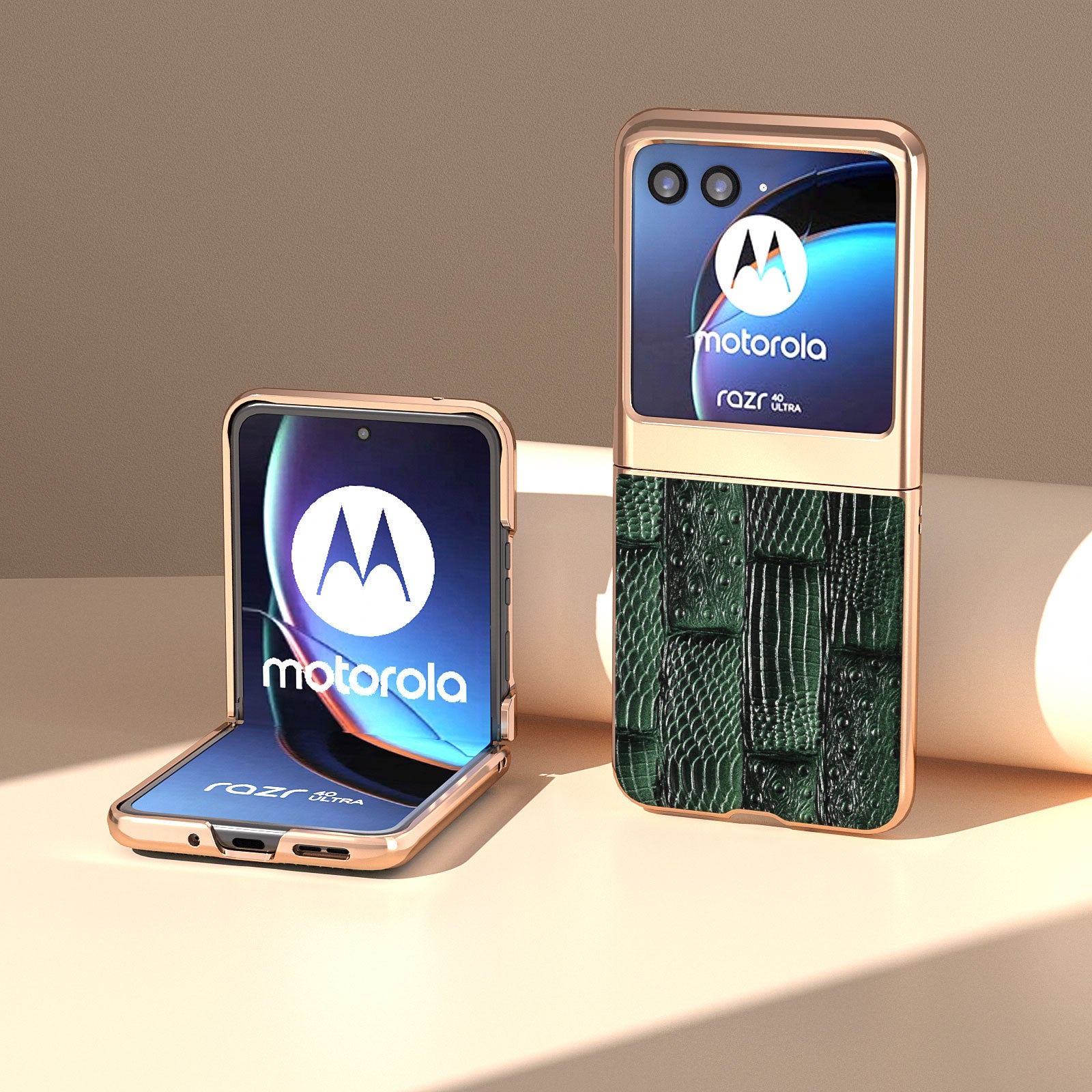 Uniqkart for Motorola Razr 40 Ultra 5G Mahjong Texture Genuine Cow Leather+PC Phone Case Nano Electroplating Phone Cover - Green