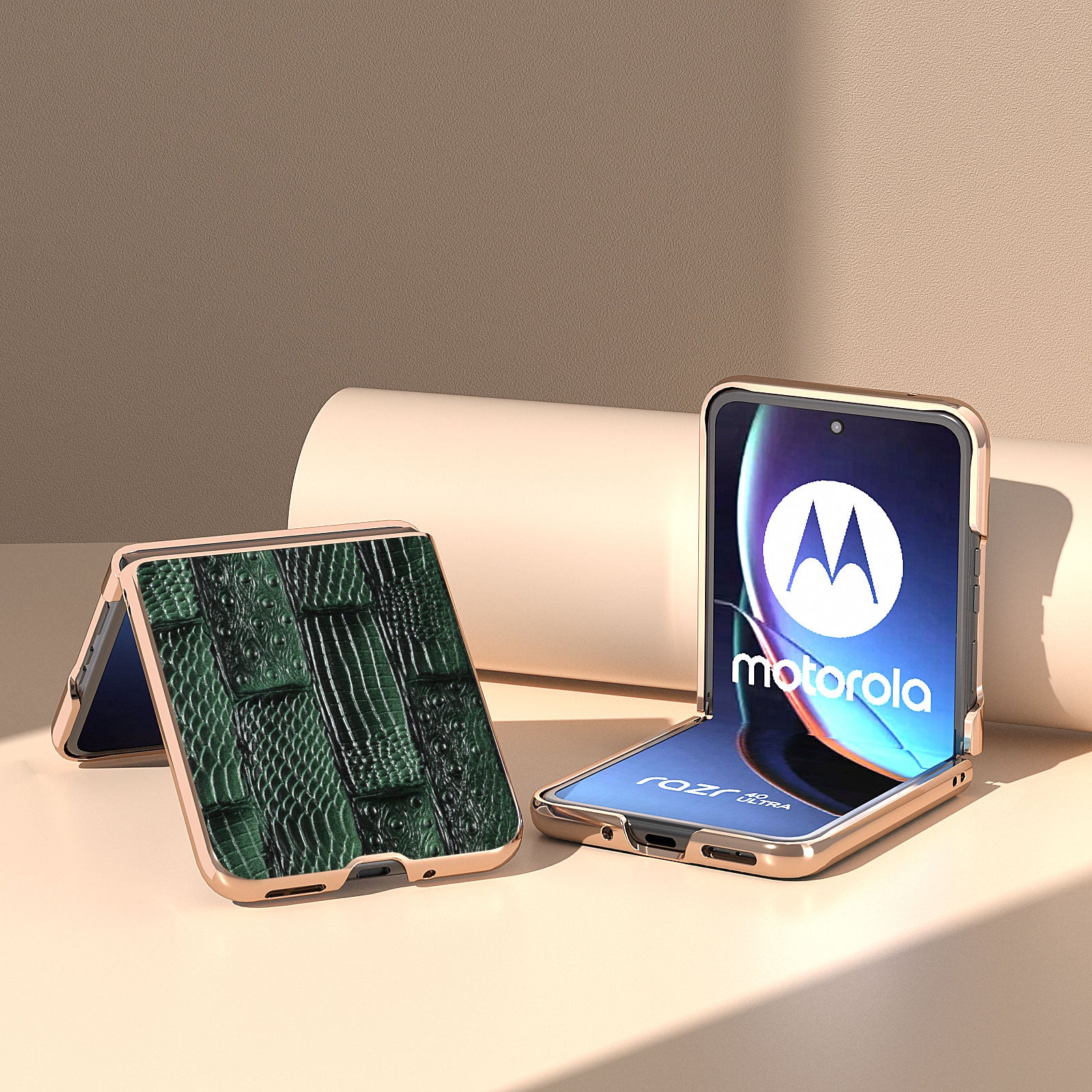 Uniqkart for Motorola Razr 40 Ultra 5G Mahjong Texture Genuine Cow Leather+PC Phone Case Nano Electroplating Phone Cover - Green