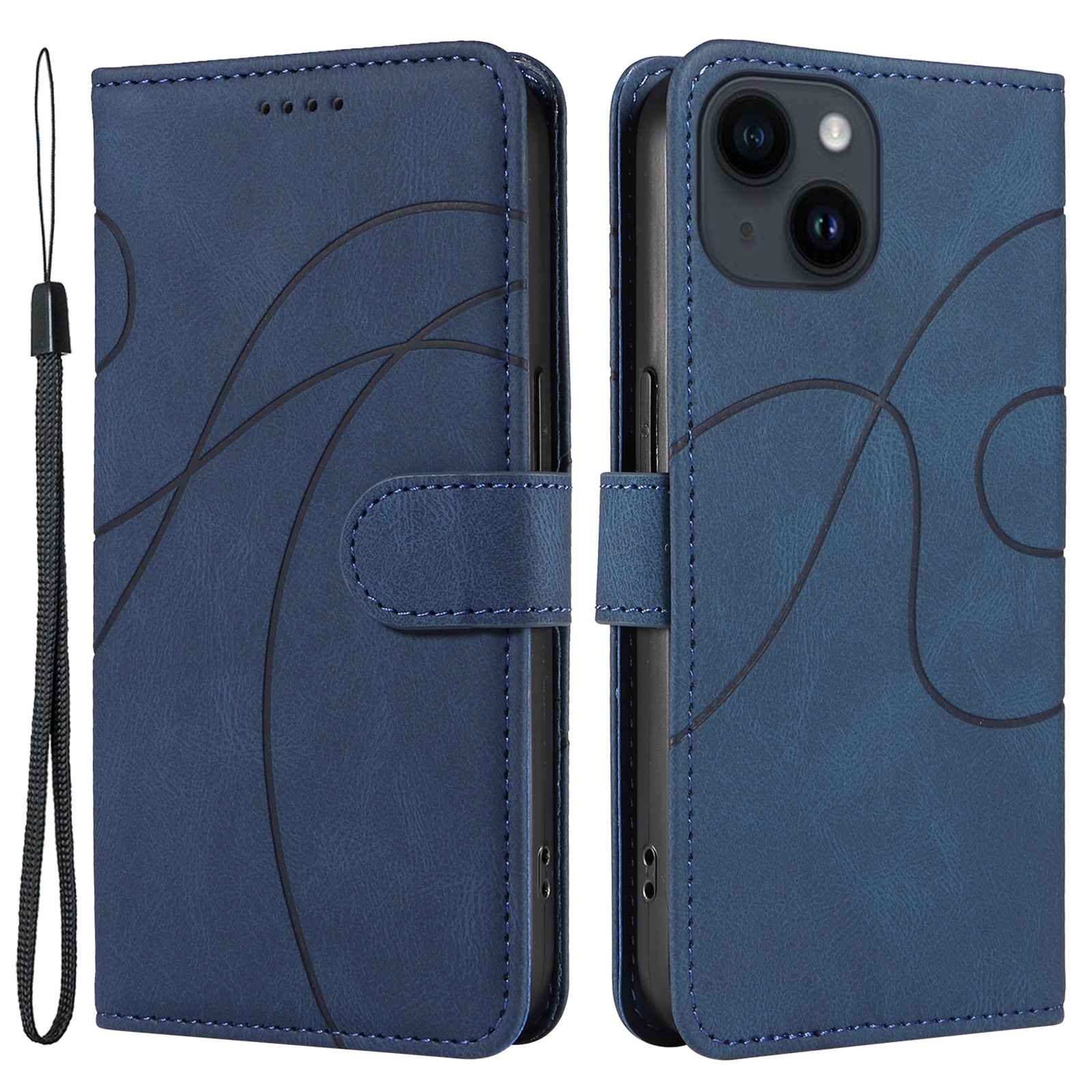 Wallet Phone Case for iPhone 15 , PU Leather Imprinted Line Stand Cover with Strap - Blue