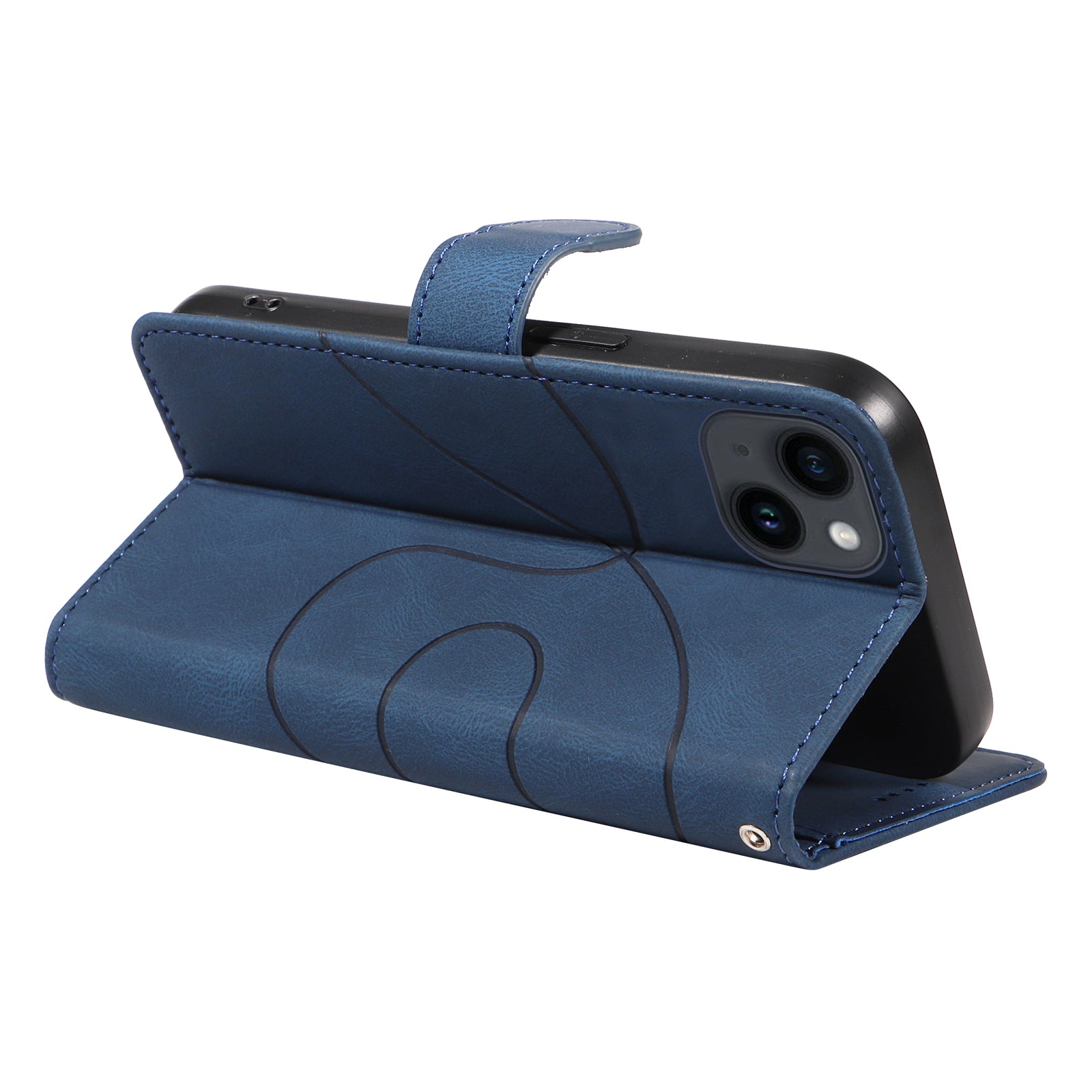 Wallet Phone Case for iPhone 15 , PU Leather Imprinted Line Stand Cover with Strap - Blue