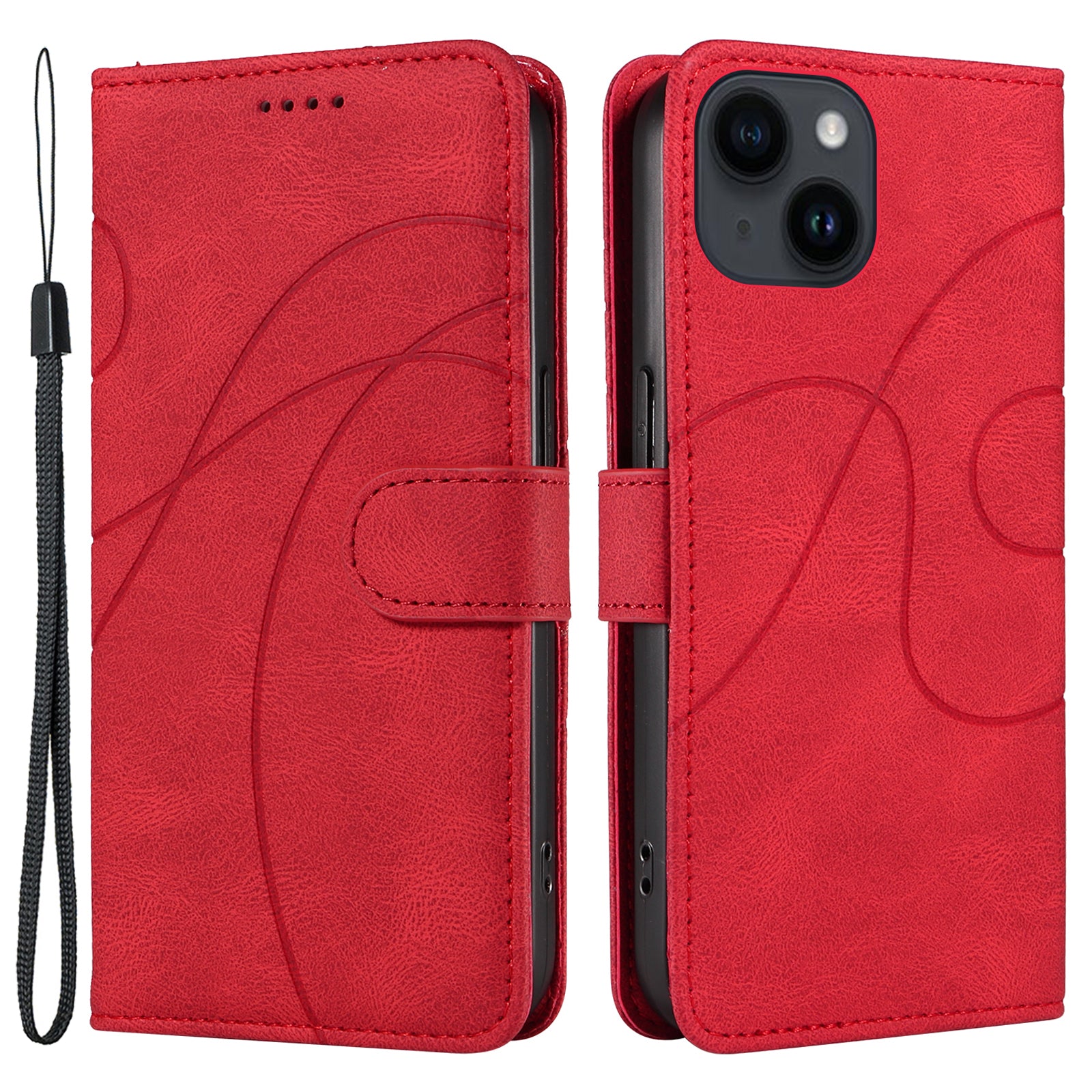 Wallet Phone Case for iPhone 15 , PU Leather Imprinted Line Stand Cover with Strap - Red