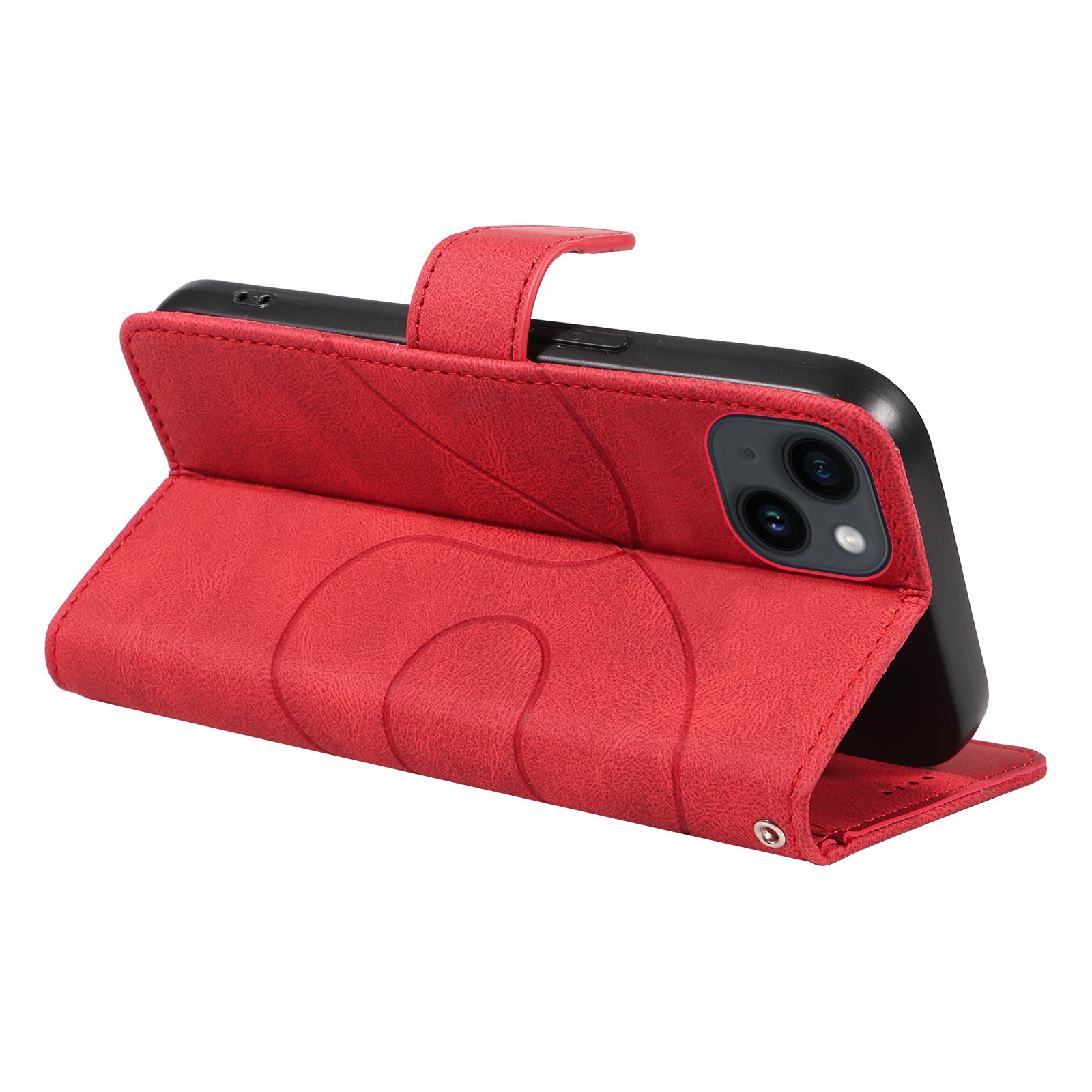 Wallet Phone Case for iPhone 15 , PU Leather Imprinted Line Stand Cover with Strap - Red