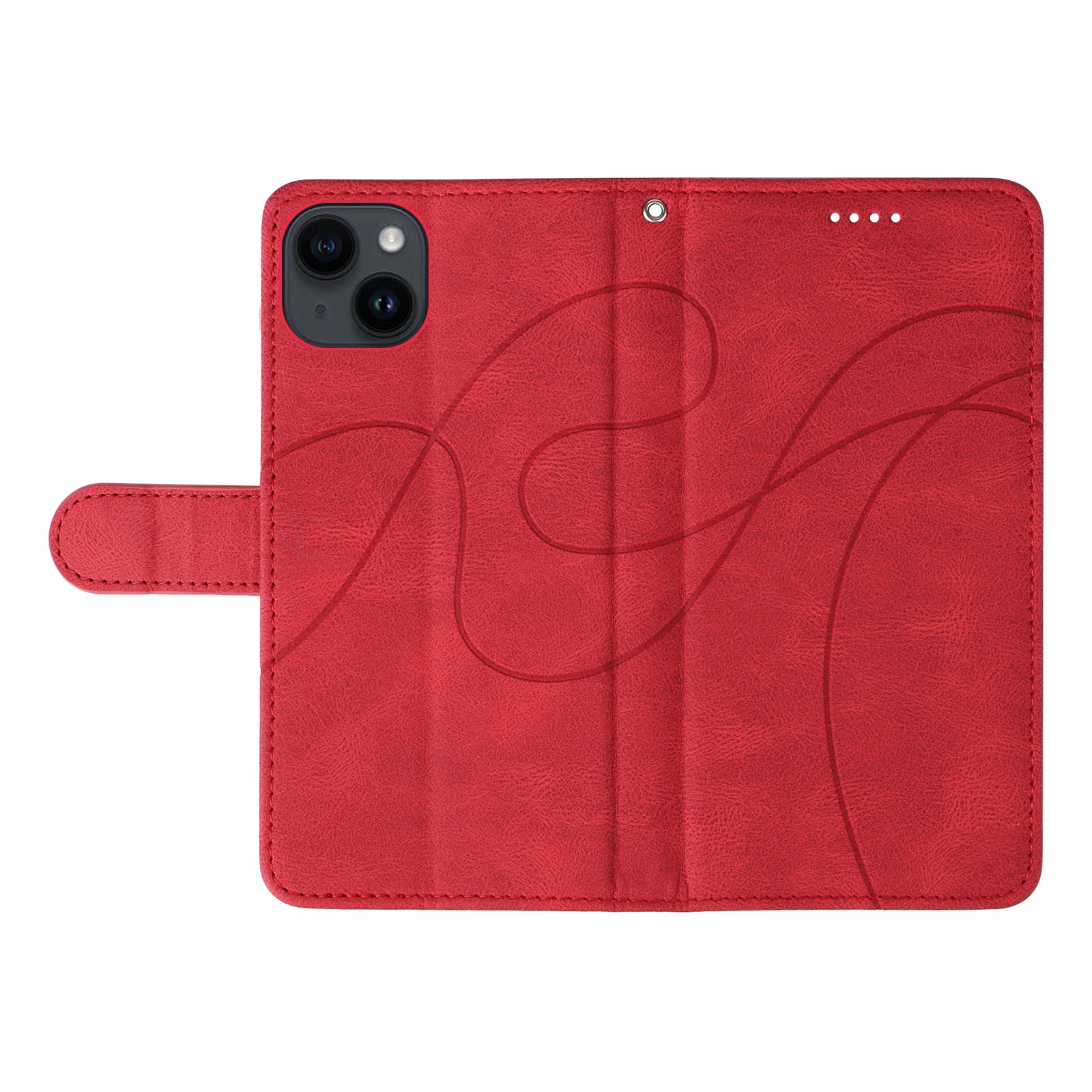 Wallet Phone Case for iPhone 15 , PU Leather Imprinted Line Stand Cover with Strap - Red