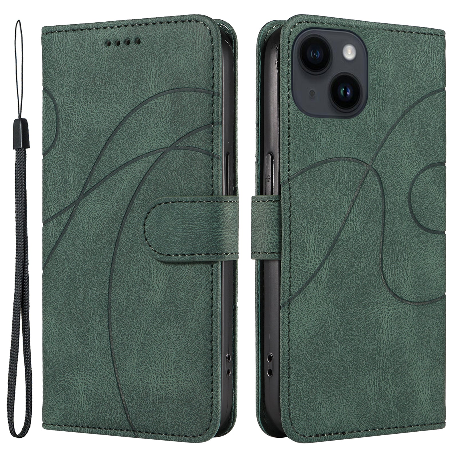 Wallet Phone Case for iPhone 15 , PU Leather Imprinted Line Stand Cover with Strap - Green