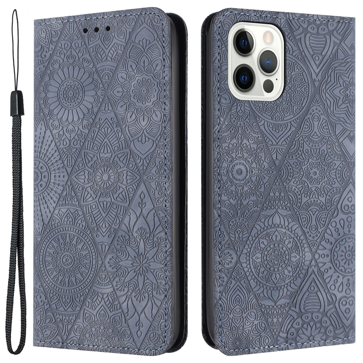 Wallet Case for iPhone 15 Pro Max PU Leather Retro Flower Imprnted Stand Phone Cover - Grey