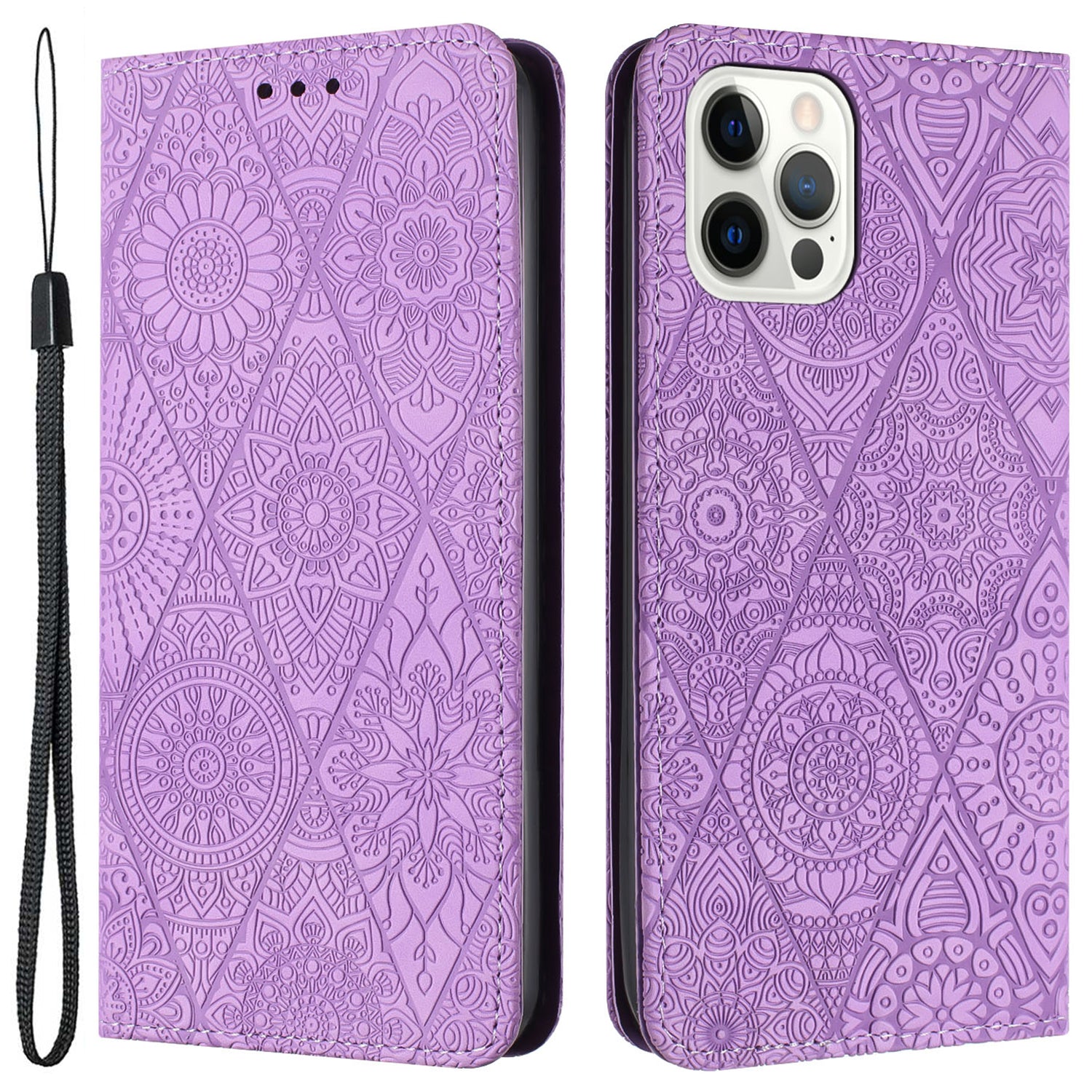 Wallet Case for iPhone 15 Pro Max PU Leather Retro Flower Imprnted Stand Phone Cover - Purple