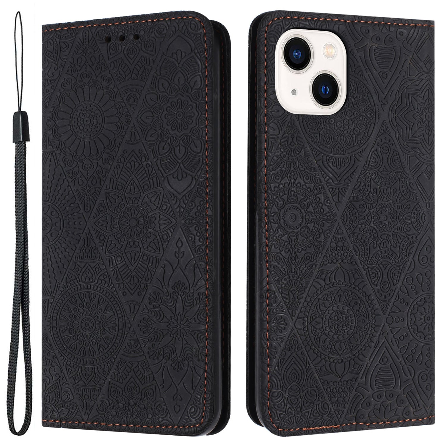 Wallet Case for iPhone 15 Plus Foldable Stand PU Leather Retro Flower Imprnted Phone Cover - Black