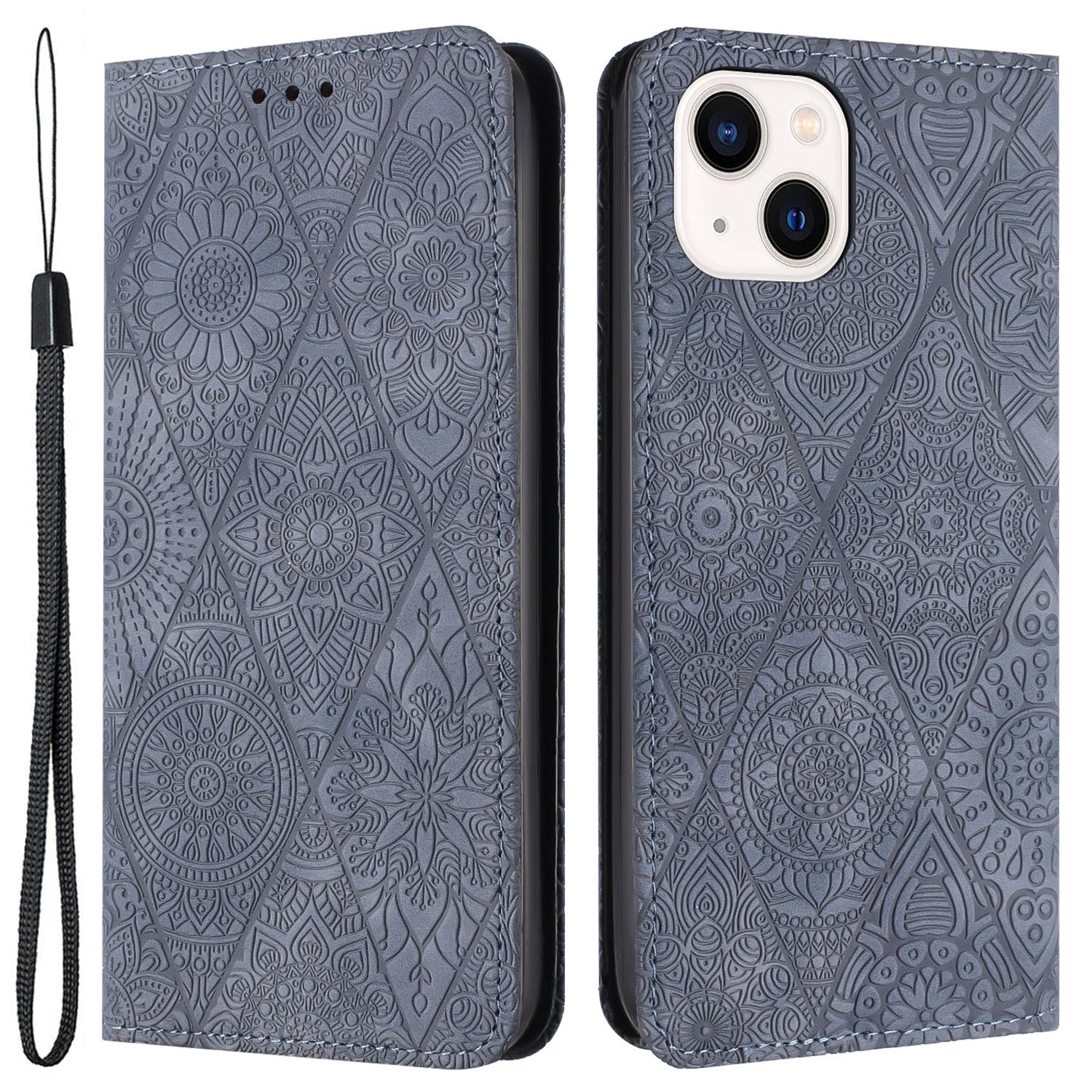 Wallet Case for iPhone 15 Fully Wrapped PU Leather Retro Flower Imprnted Phone Stand Cover - Grey