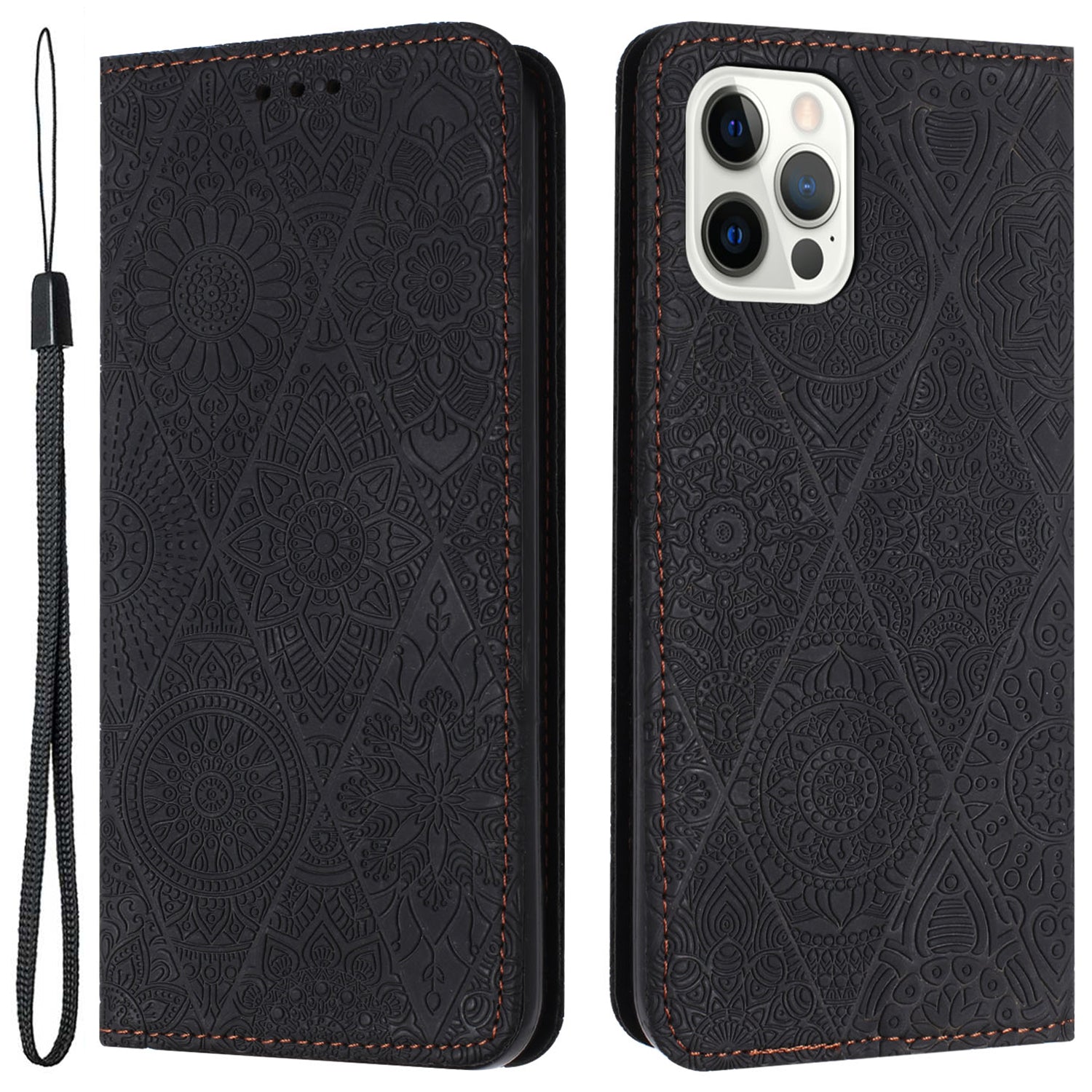 Wallet Case for iPhone 15 Pro Stand Shell PU Leather Retro Flower Imprnted Phone Cover - Black