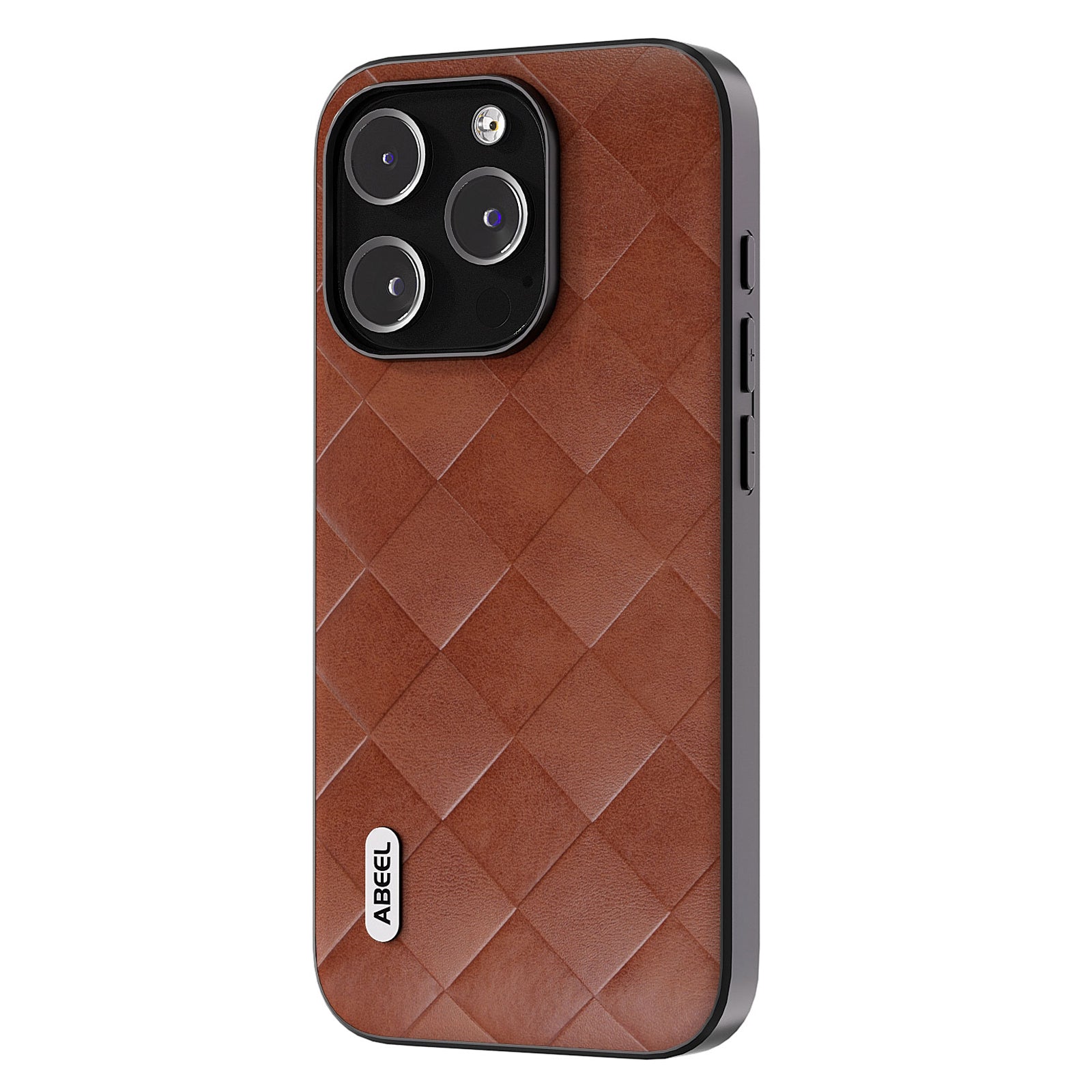 Uniqkart For iPhone 15 Pro Max Scratch Proof PU Leather Coated PC+TPU Phone Case Grid Texture Cover - Brown