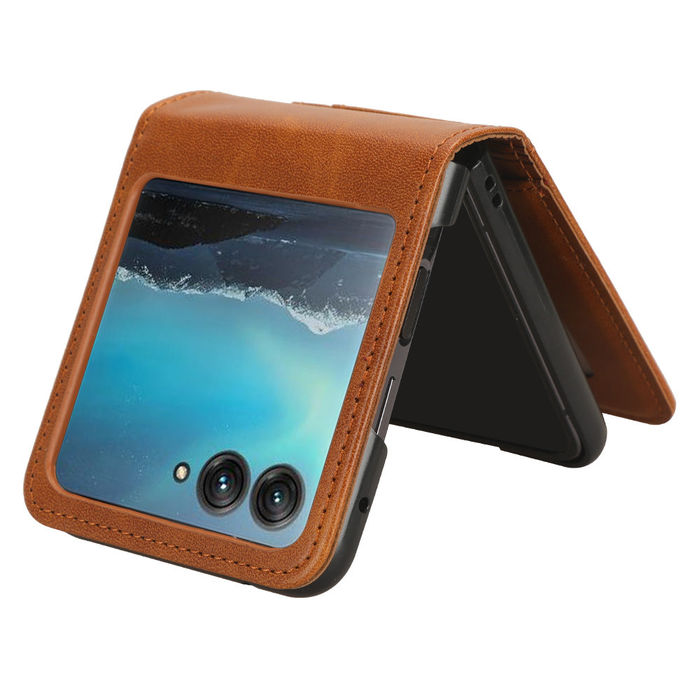 Uniqkart for Motorola Razr 40 Ultra 5G Anti-Scratch Phone Case Hard PC + PU Leather Cover with Card Holder - Brown