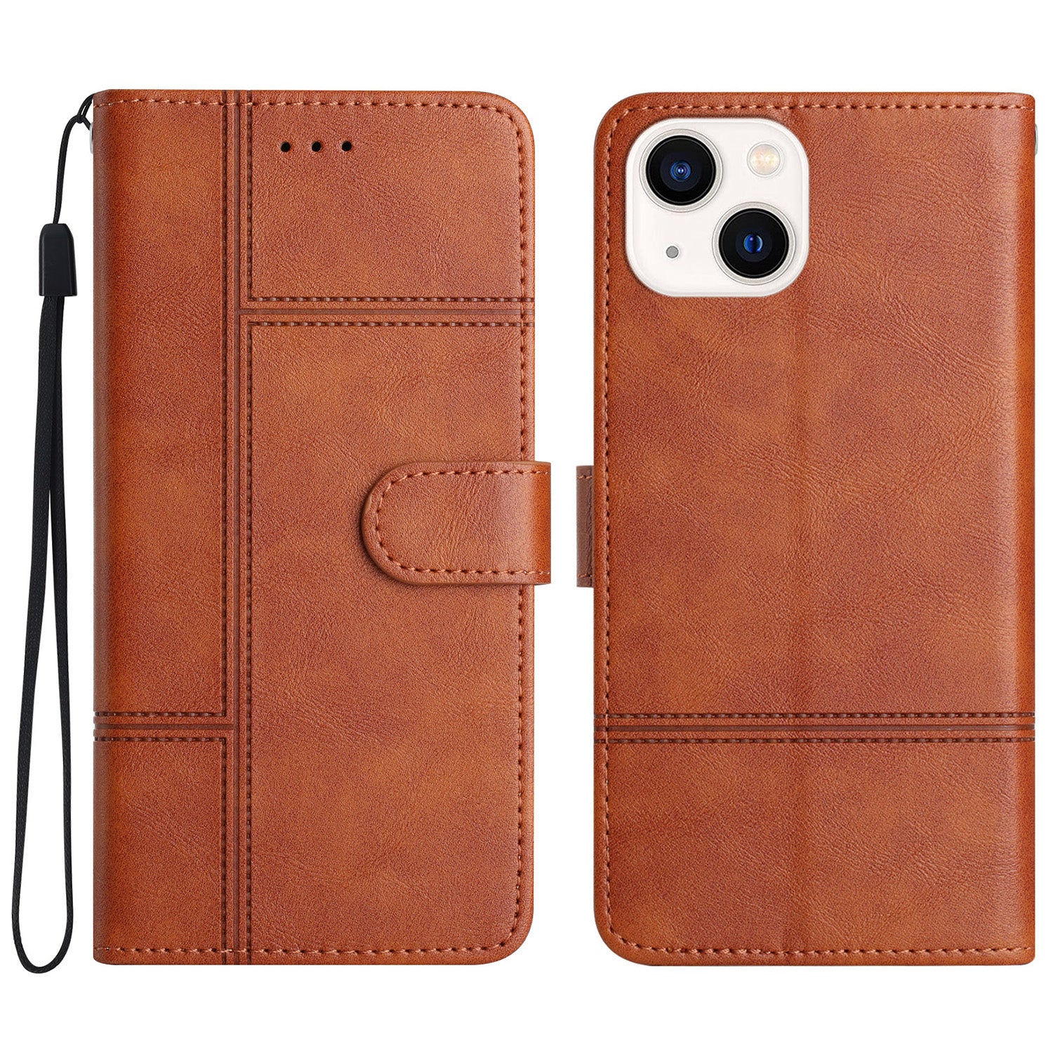 Wallet Case for iPhone 15 Plus , Line Imprinted Cowhide Texture Leather Stand Phone Cover - Brown