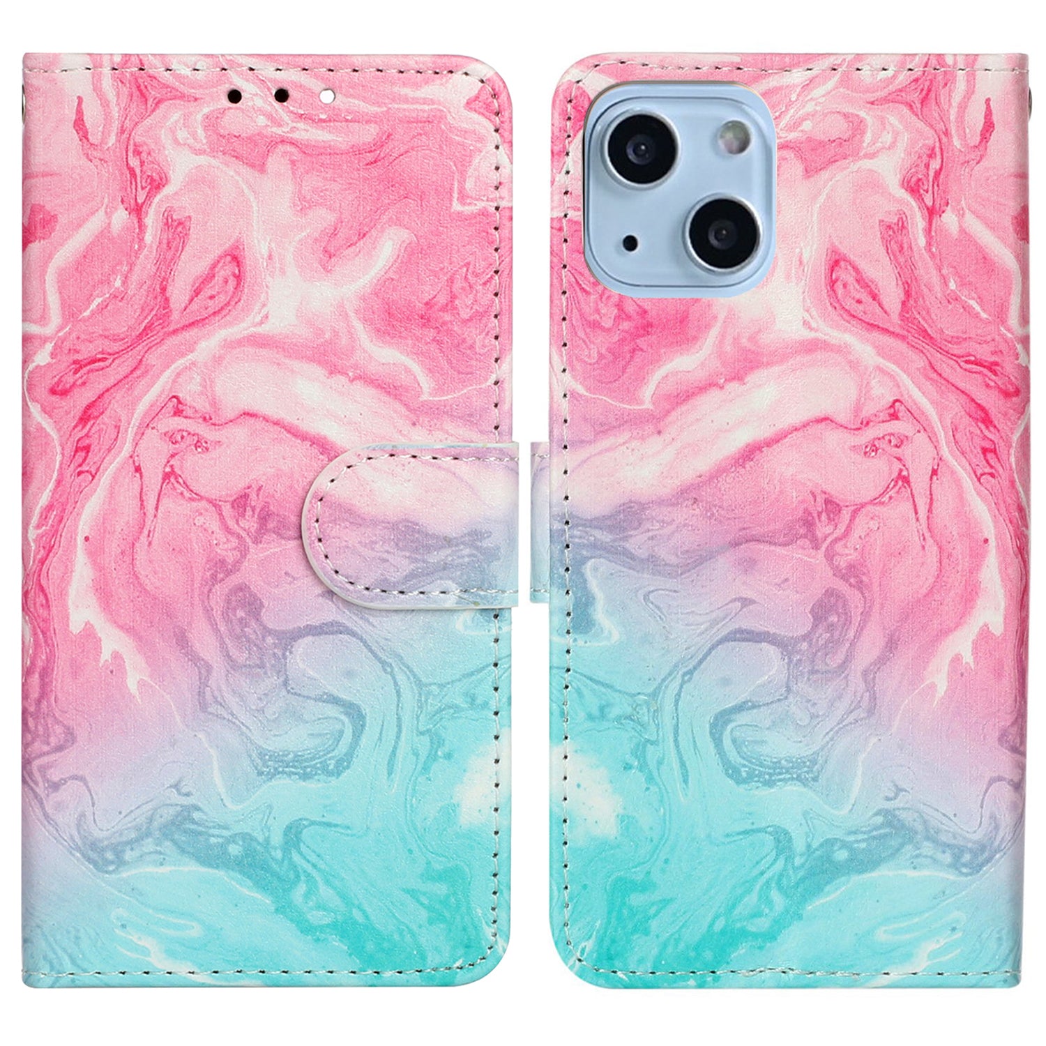 Wallet Phone Case for iPhone 15 , Stand PU Leather Pattern Printing Phone Cover - Pink Green Marble