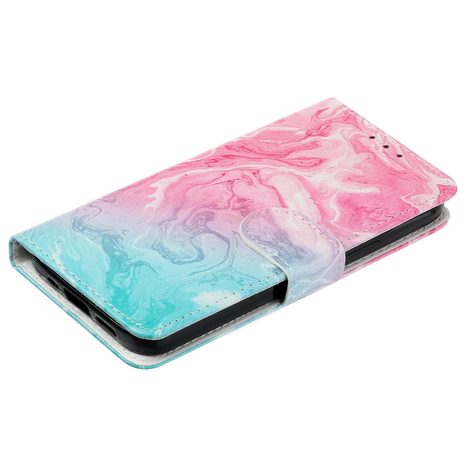 Wallet Phone Case for iPhone 15 , Stand PU Leather Pattern Printing Phone Cover - Pink Green Marble