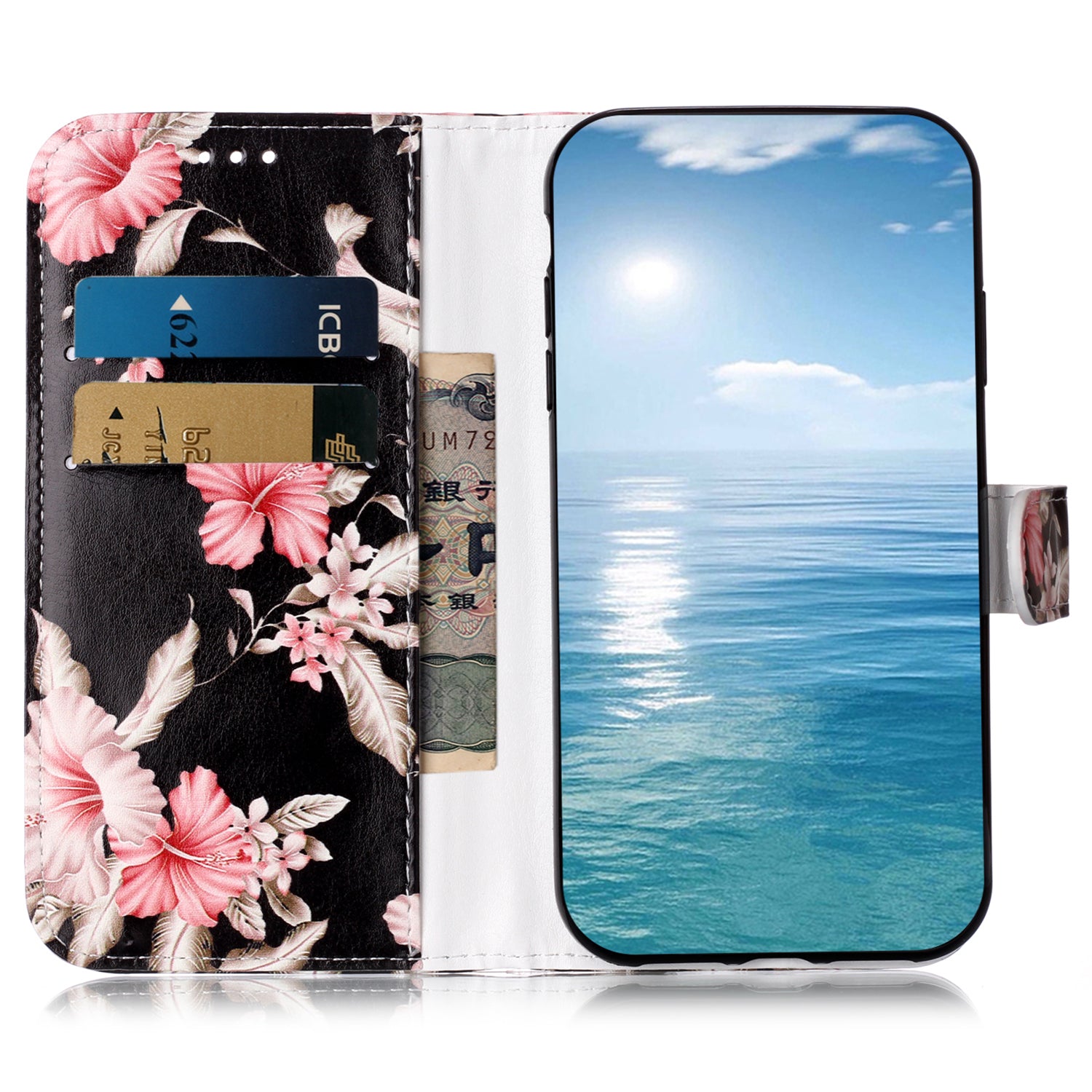 Wallet Phone Case for iPhone 15 , Stand PU Leather Pattern Printing Phone Cover - Azalea