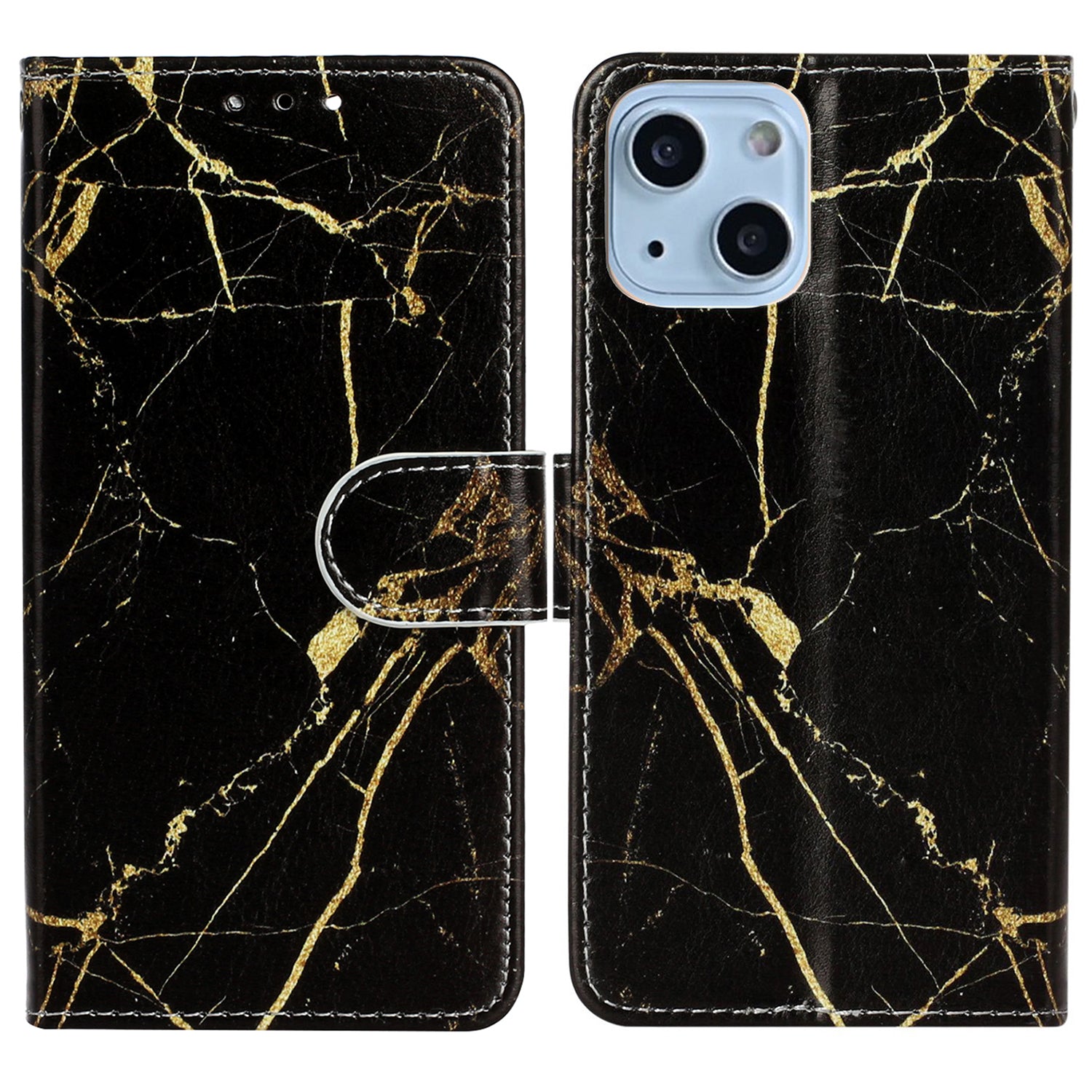 Wallet Phone Case for iPhone 15 , Stand PU Leather Pattern Printing Phone Cover - Black Gold Marble