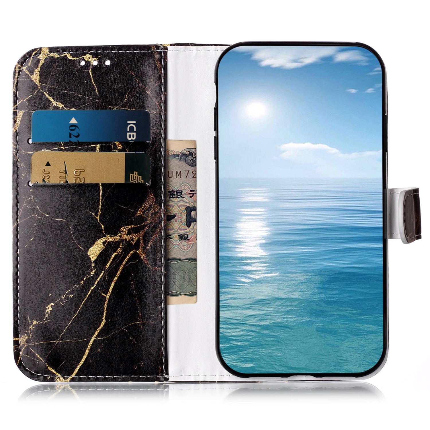 Wallet Phone Case for iPhone 15 , Stand PU Leather Pattern Printing Phone Cover - Black Gold Marble