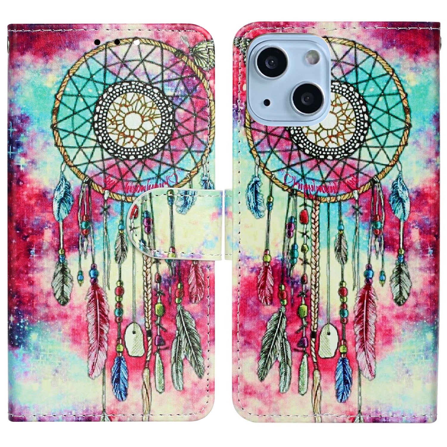 Wallet Phone Case for iPhone 15 , Stand PU Leather Pattern Printing Phone Cover - Green Wind Chime