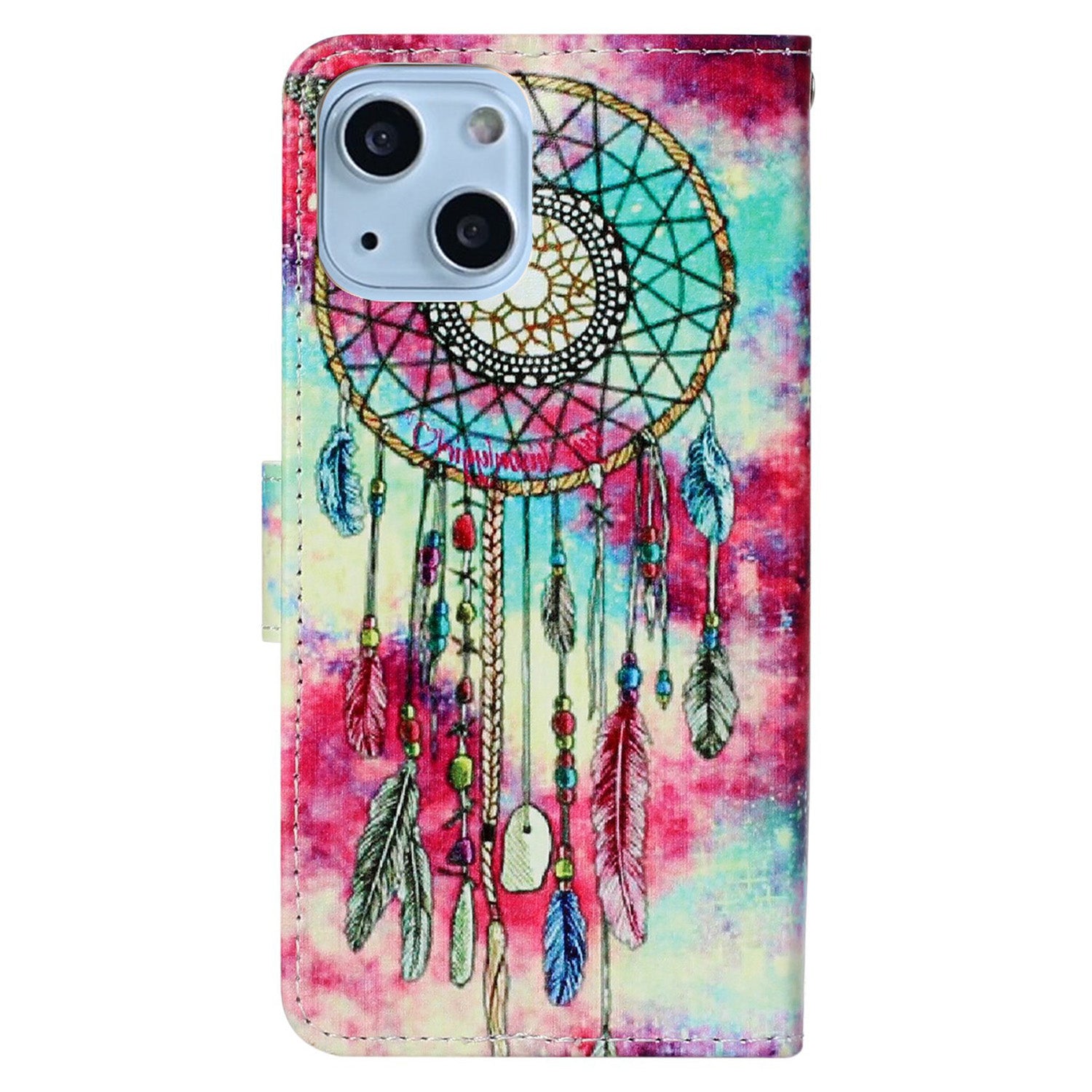 Wallet Phone Case for iPhone 15 , Stand PU Leather Pattern Printing Phone Cover - Green Wind Chime