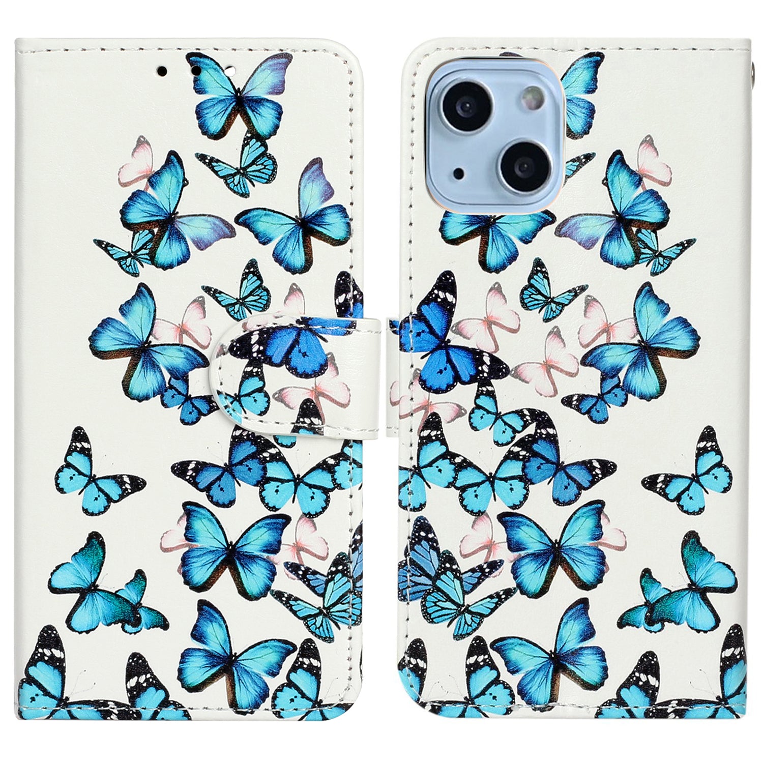 Wallet Phone Case for iPhone 15 , Stand PU Leather Pattern Printing Phone Cover - Blue Butterflies