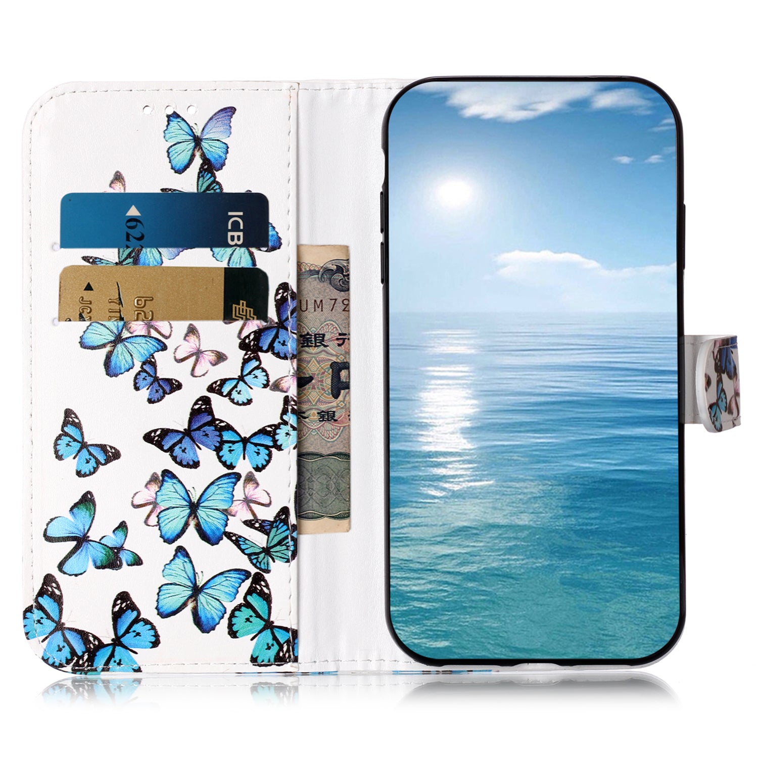 Wallet Phone Case for iPhone 15 , Stand PU Leather Pattern Printing Phone Cover - Blue Butterflies