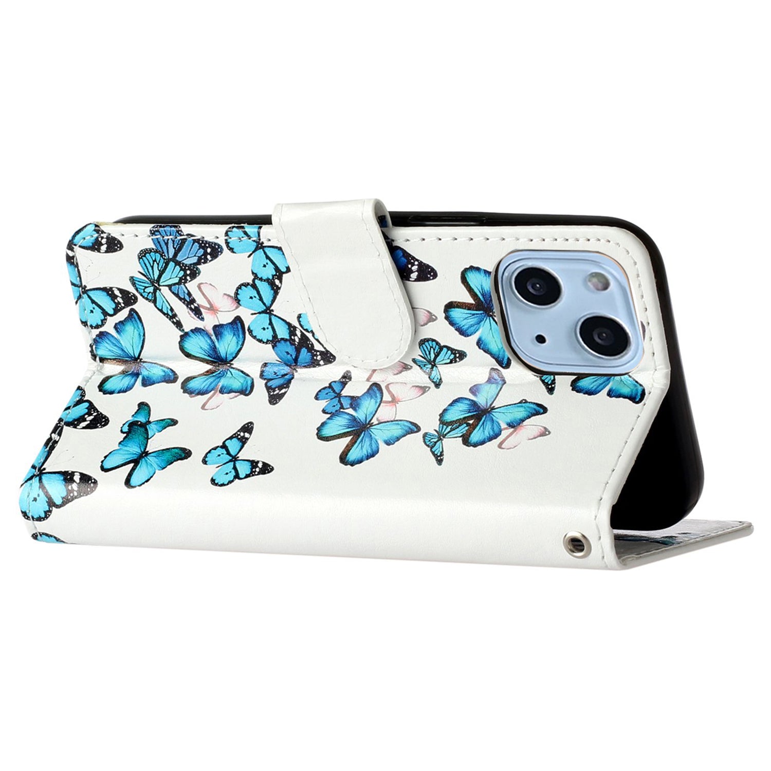 Wallet Phone Case for iPhone 15 , Stand PU Leather Pattern Printing Phone Cover - Blue Butterflies