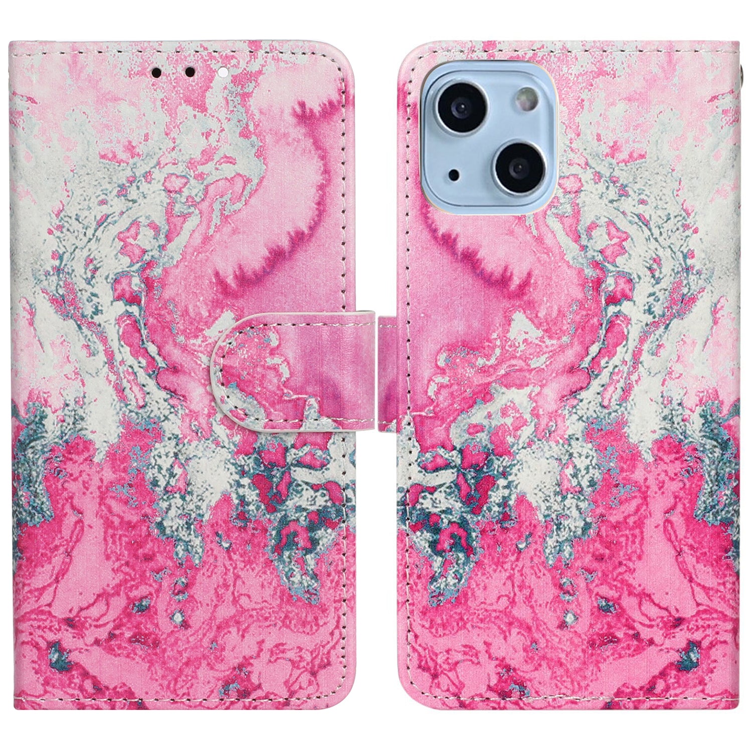 Wallet Phone Case for iPhone 15 , Stand PU Leather Pattern Printing Phone Cover - Pink Sea Water