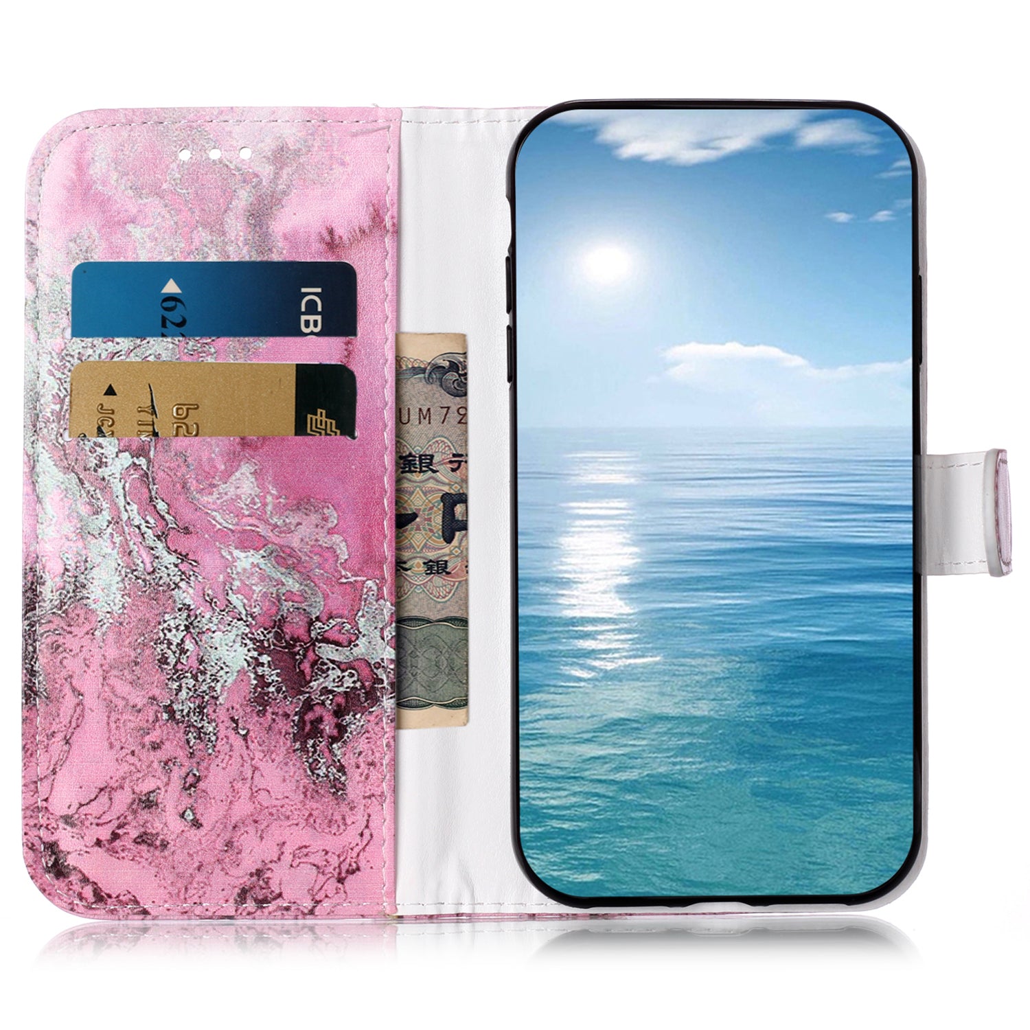 Wallet Phone Case for iPhone 15 , Stand PU Leather Pattern Printing Phone Cover - Pink Sea Water