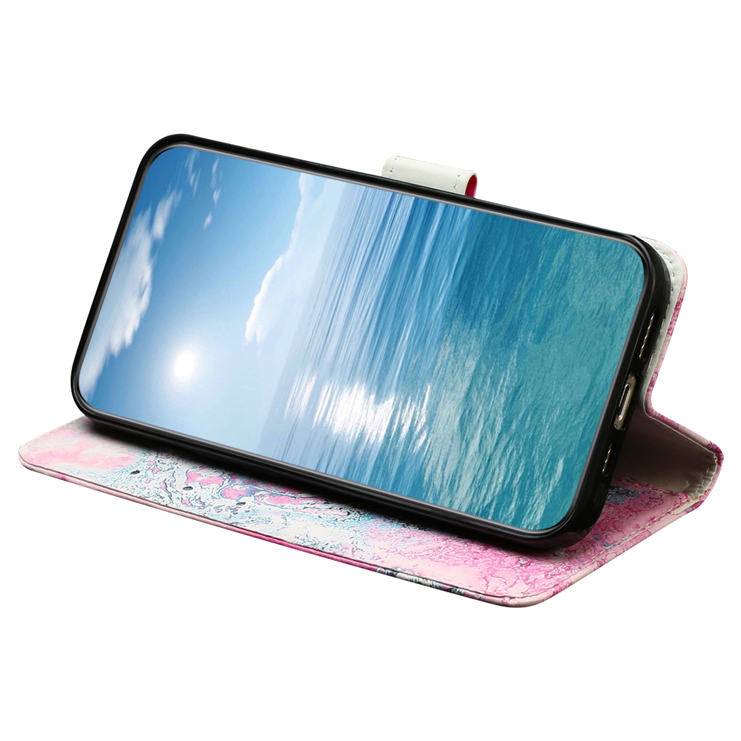 Wallet Phone Case for iPhone 15 , Stand PU Leather Pattern Printing Phone Cover - Pink Sea Water