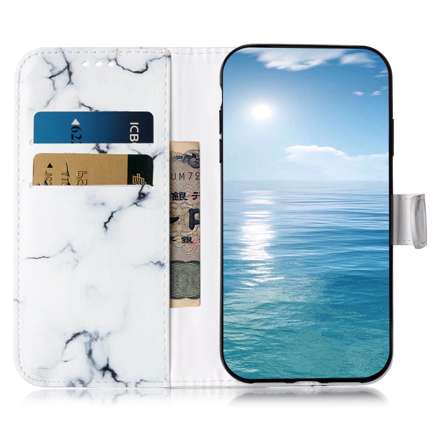 Wallet Phone Case for iPhone 15 , Stand PU Leather Pattern Printing Phone Cover - White Marble