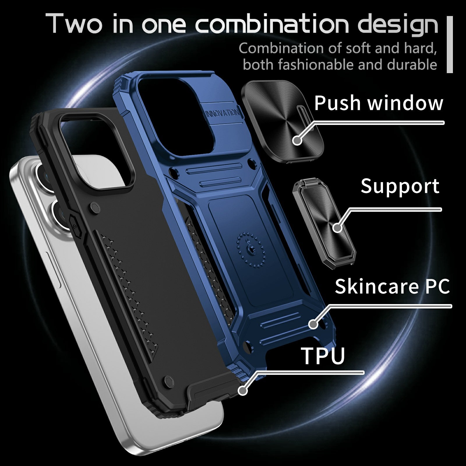 Uniqkart for iPhone 15 Pro Max Kickstand Phone Case PC+TPU Slide Camera Protection Phone Cover - Blue