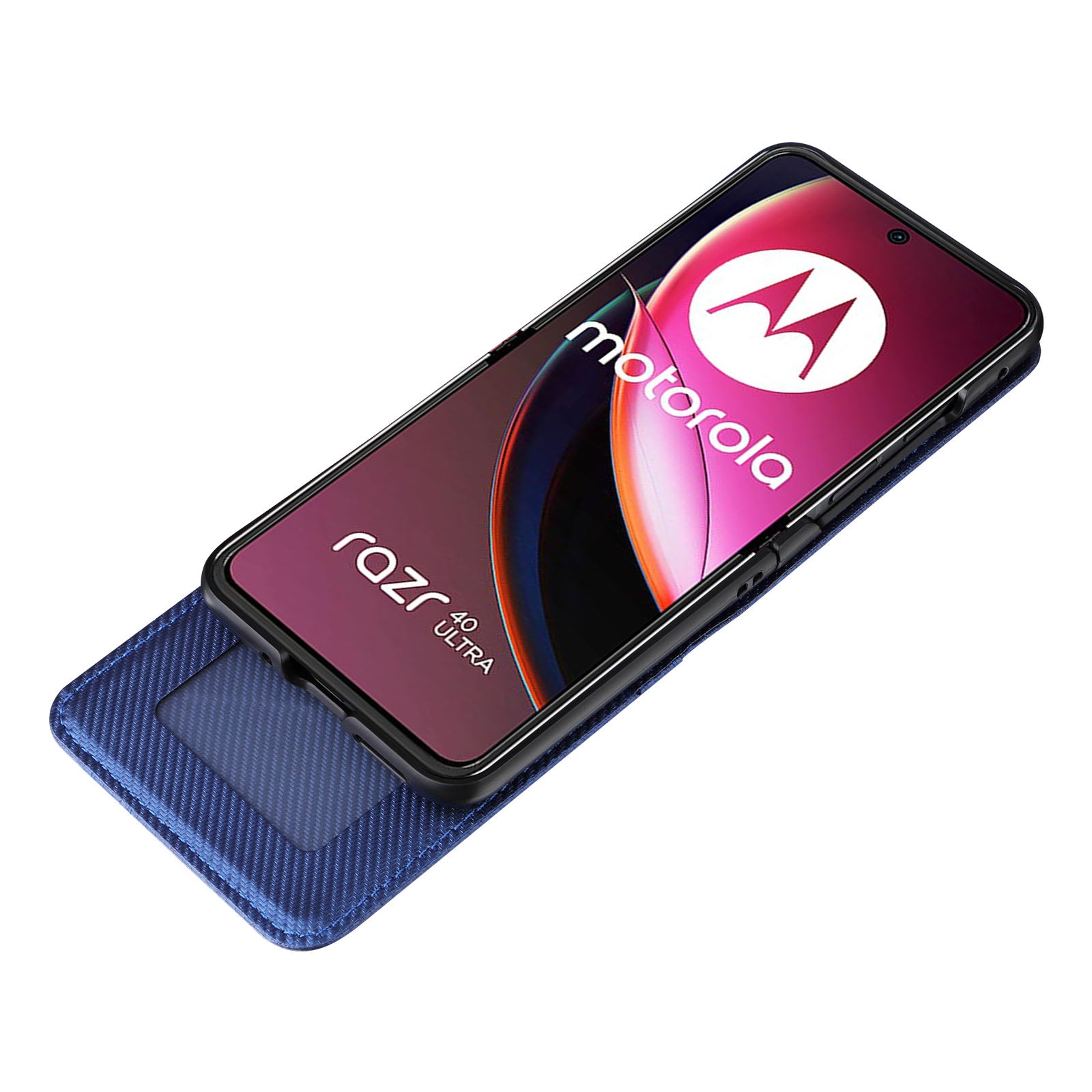 Uniqkart for Motorola Razr 40 Ultra 5G Card Holder Phone Case Carbon Fiber Texture PU Leather+PC Cover - Blue
