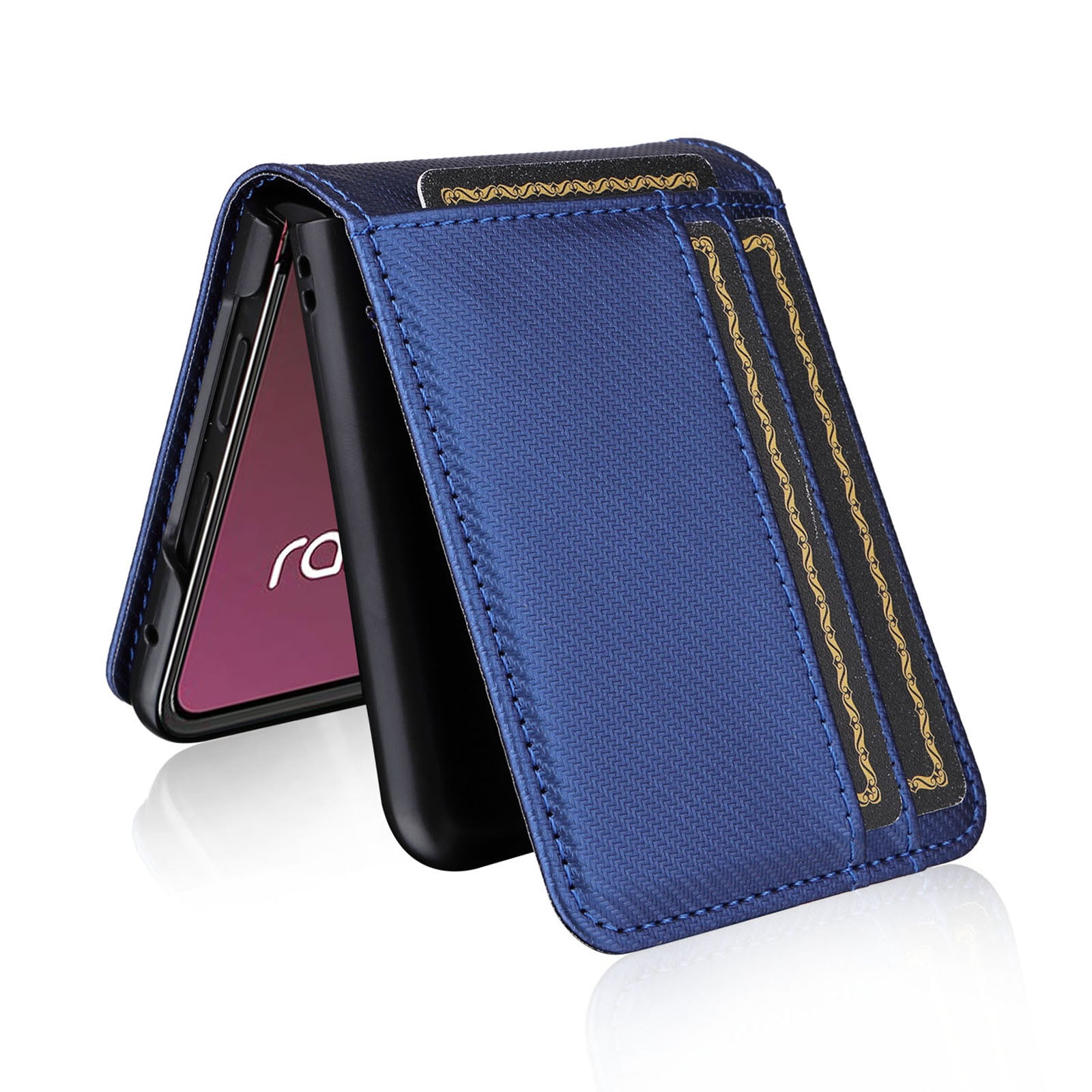 Uniqkart for Motorola Razr 40 Ultra 5G Card Holder Phone Case Carbon Fiber Texture PU Leather+PC Cover - Blue