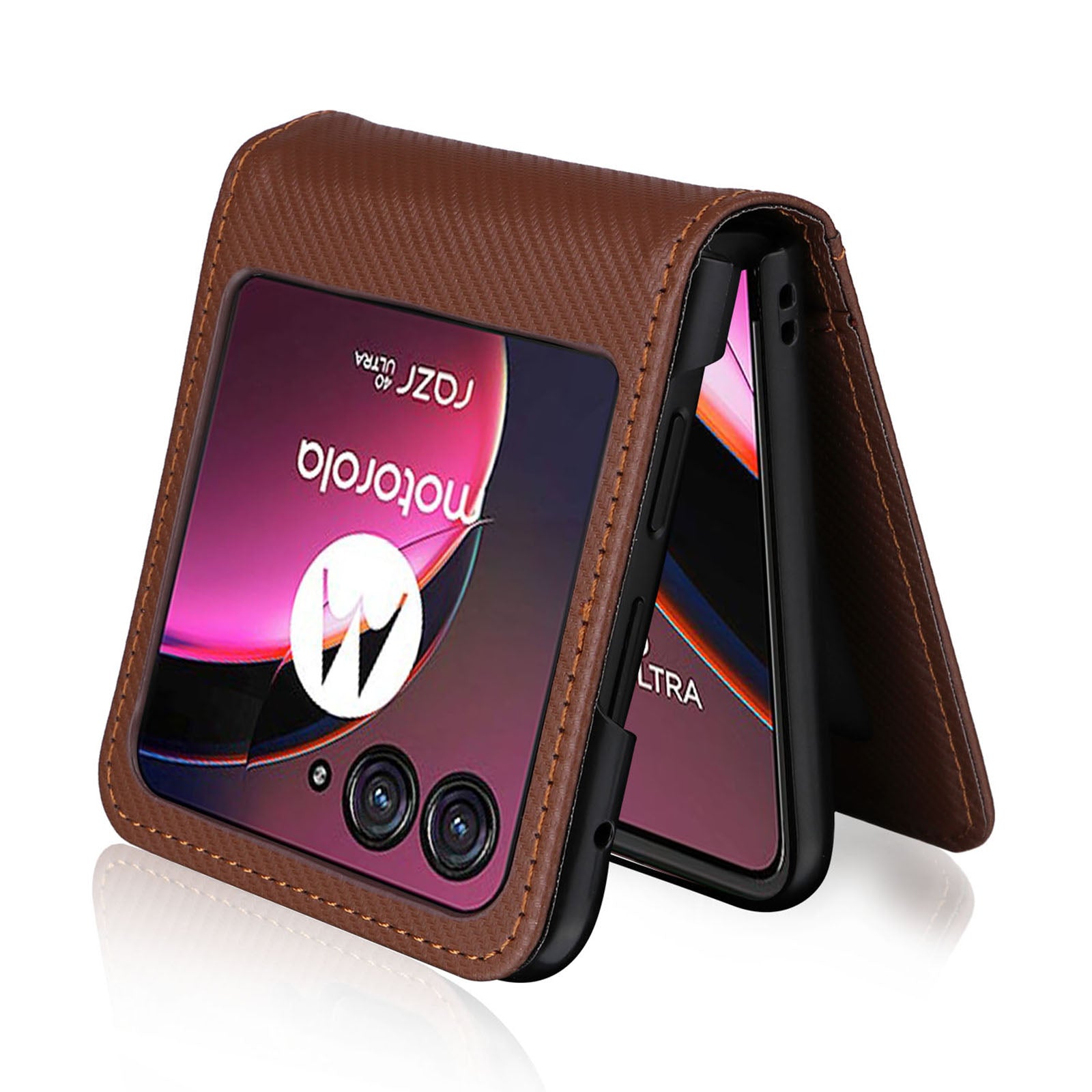 Uniqkart for Motorola Razr 40 Ultra 5G Card Holder Phone Case Carbon Fiber Texture PU Leather+PC Cover - Brown