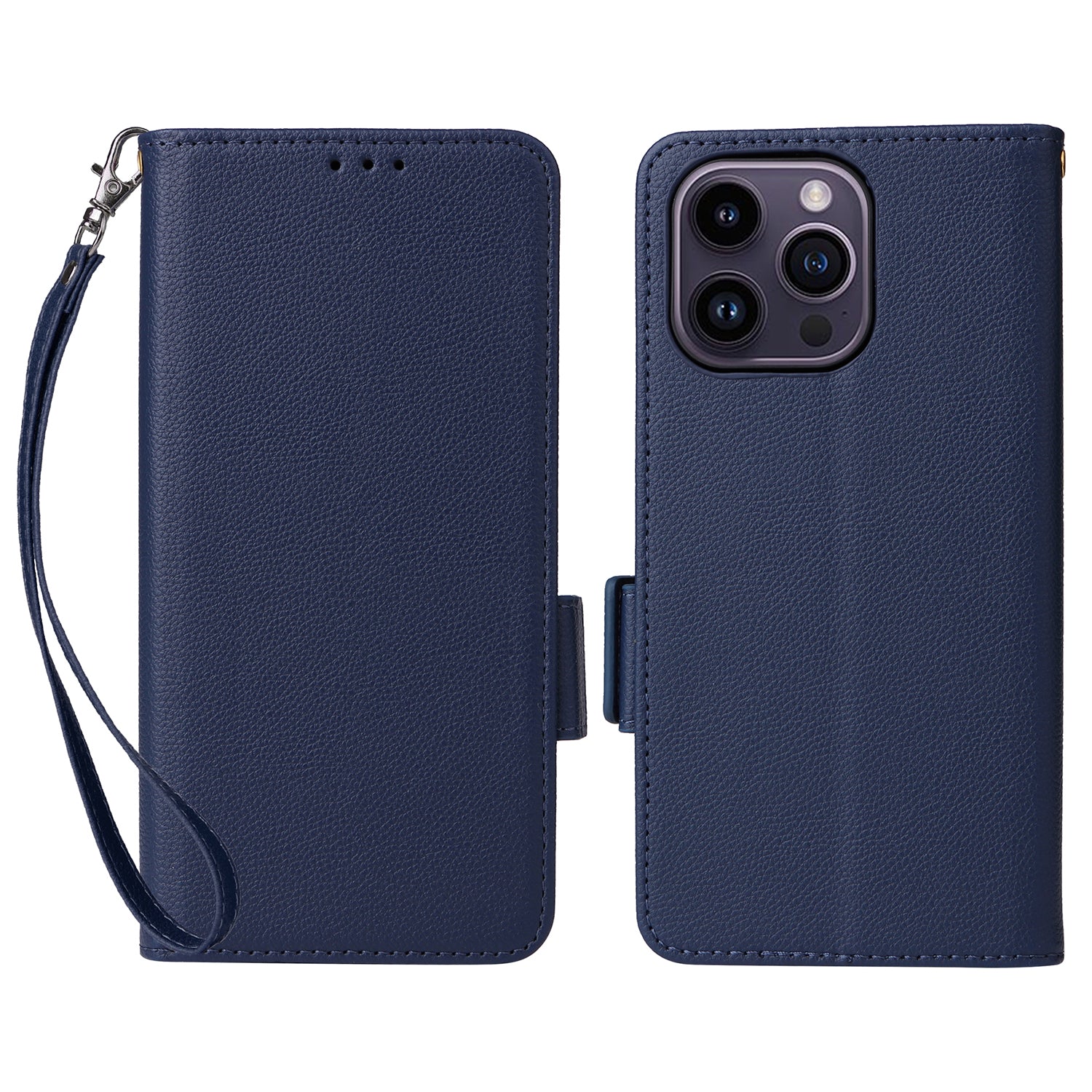 Wallet Phone Case For iPhone 15 Pro , Litchi Texture PU Leather Shell Phone Stand Cover with Strap - Dark Blue