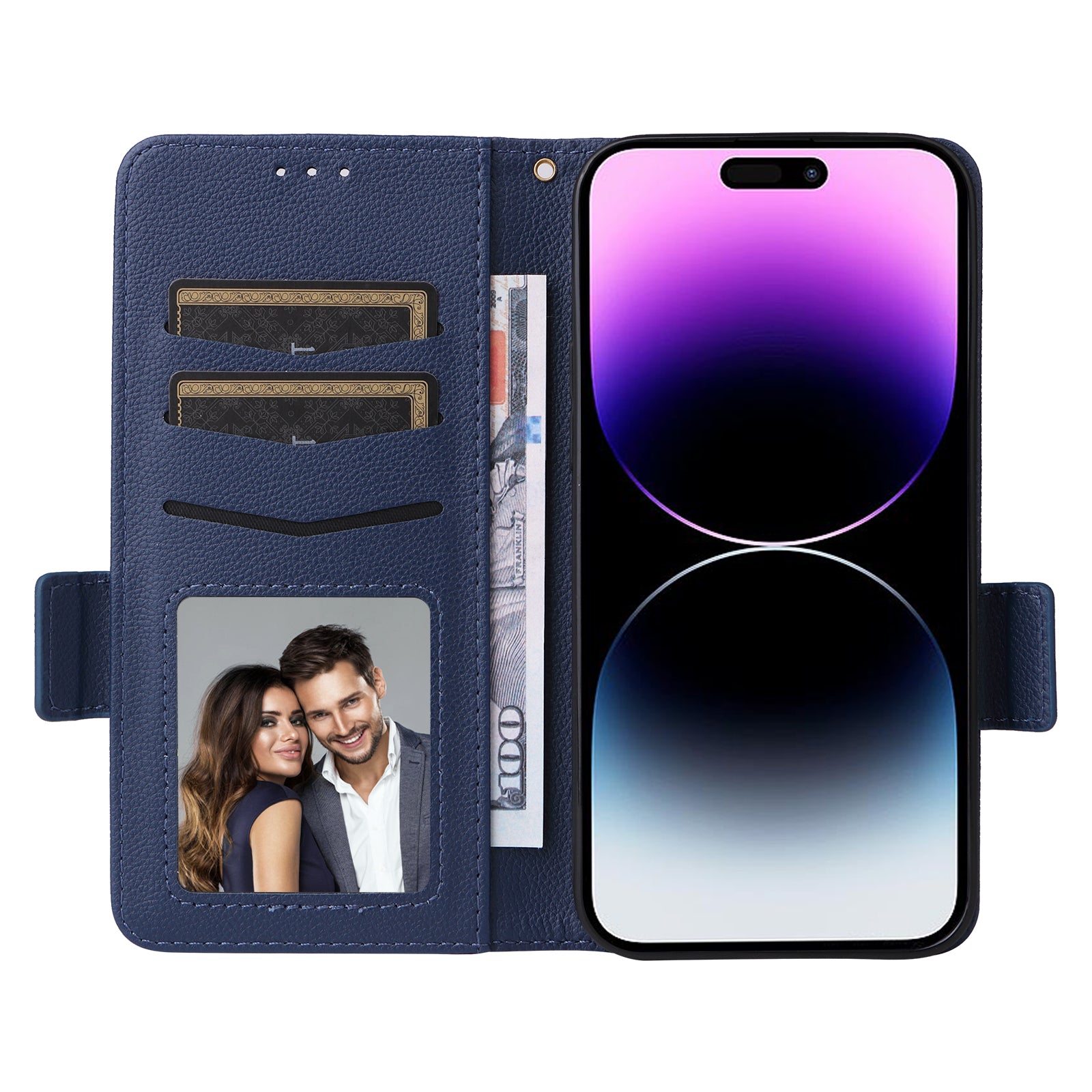 Wallet Phone Case For iPhone 15 Pro , Litchi Texture PU Leather Shell Phone Stand Cover with Strap - Dark Blue