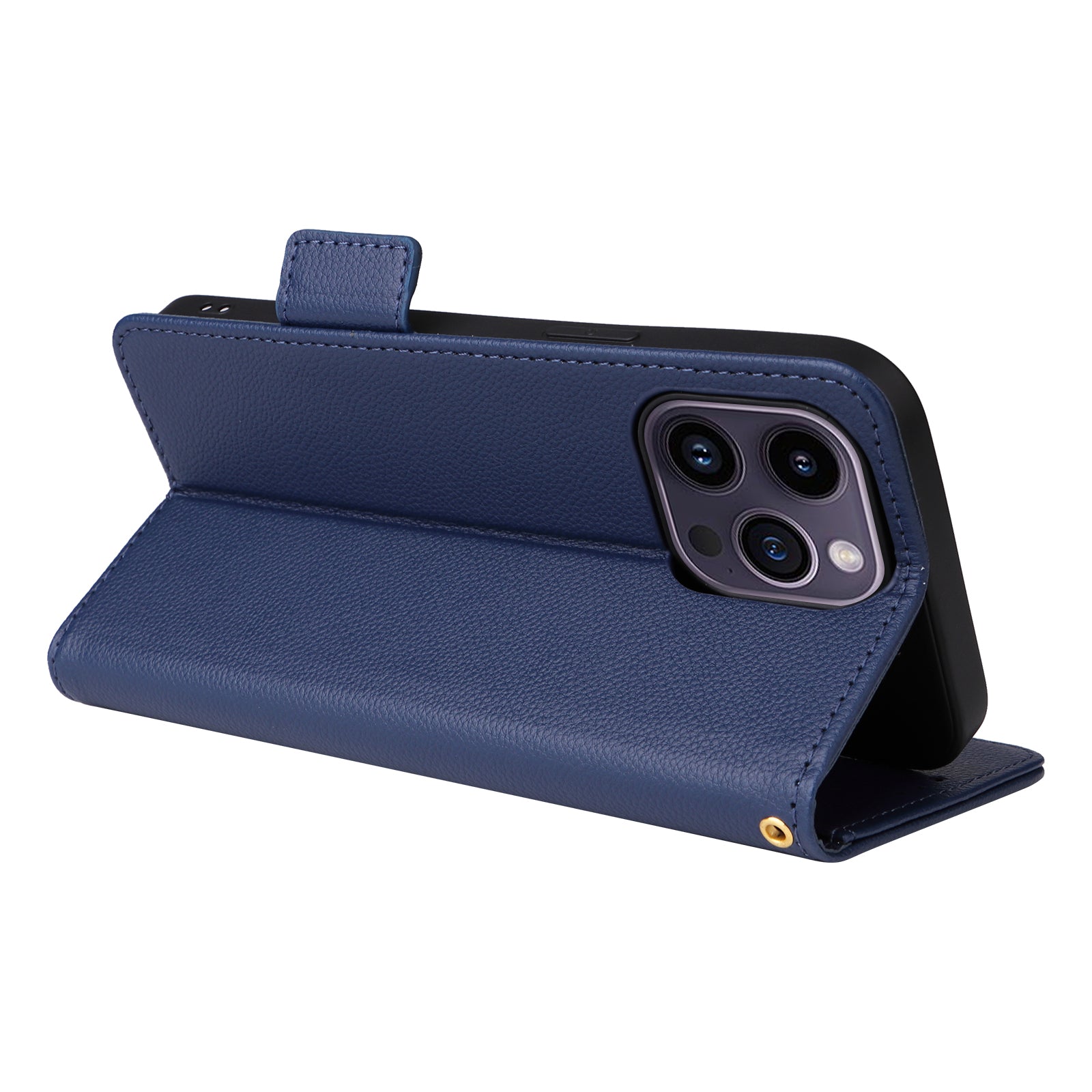 Wallet Phone Case For iPhone 15 Pro , Litchi Texture PU Leather Shell Phone Stand Cover with Strap - Dark Blue