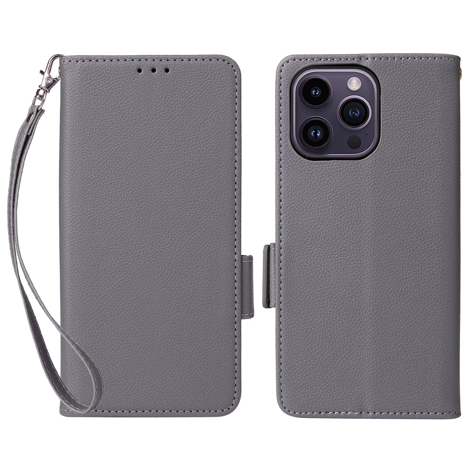 Wallet Phone Case For iPhone 15 Pro , Litchi Texture PU Leather Shell Phone Stand Cover with Strap - Grey