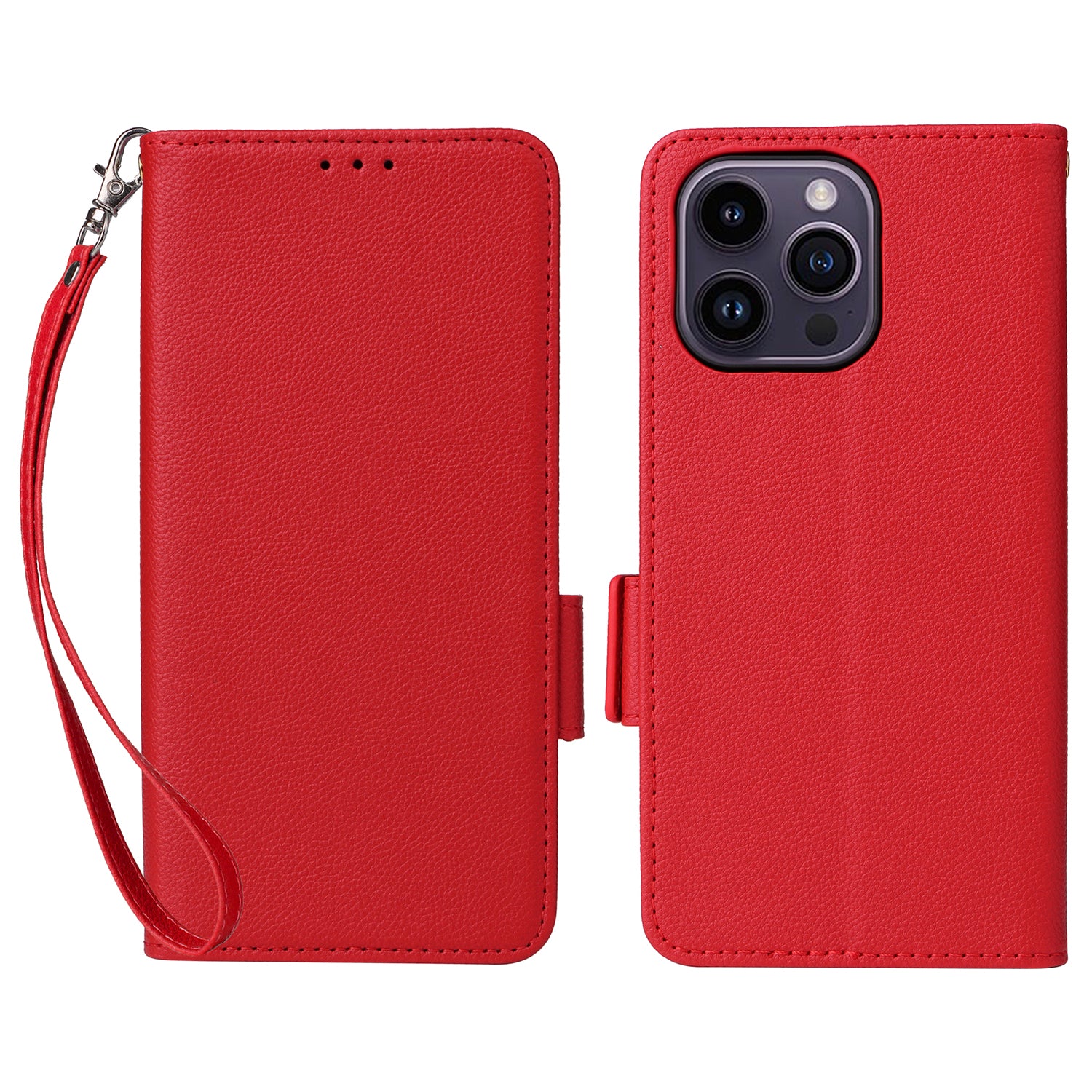 Wallet Phone Case For iPhone 15 Pro , Litchi Texture PU Leather Shell Phone Stand Cover with Strap - Red