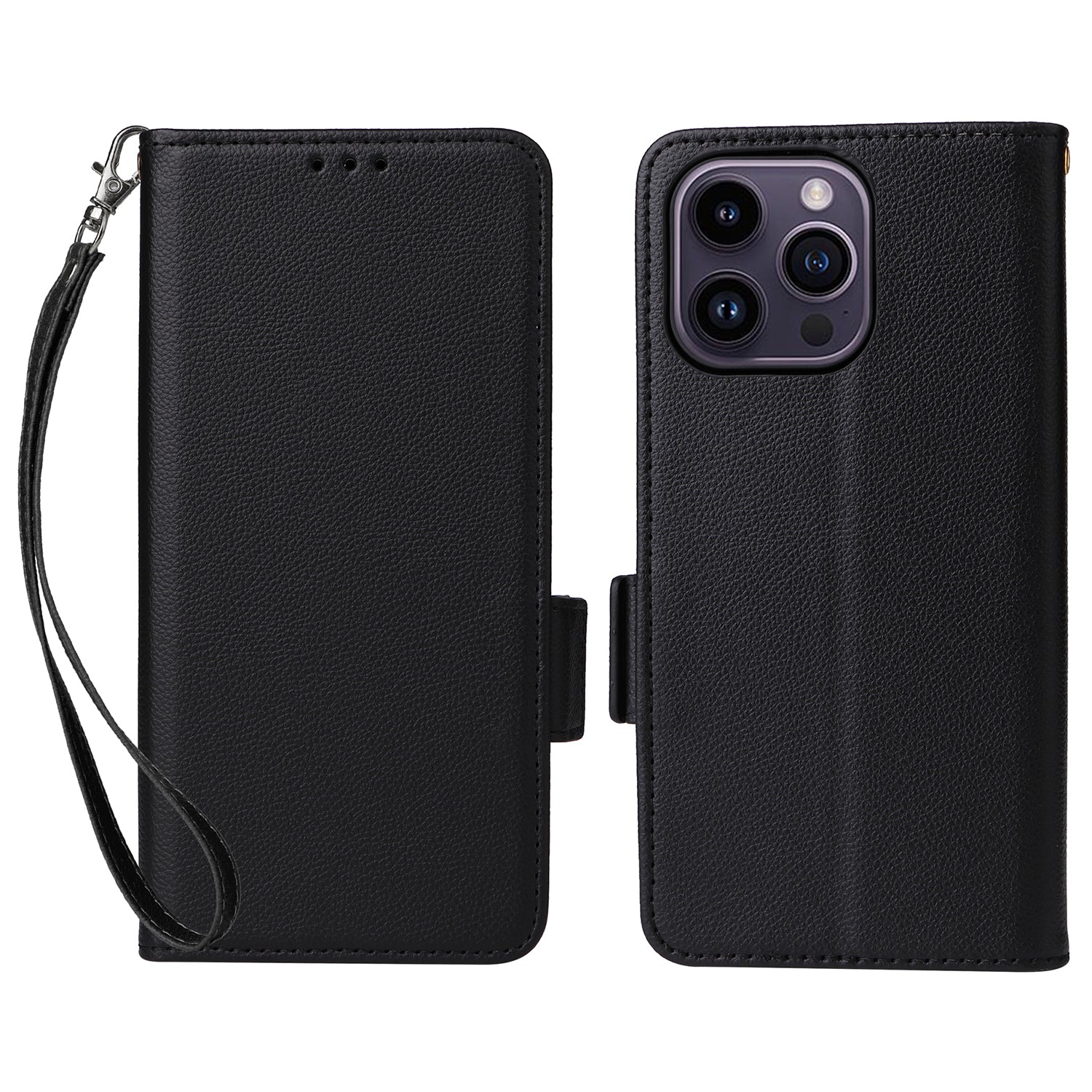 Wallet Phone Case For iPhone 15 Pro , Litchi Texture PU Leather Shell Phone Stand Cover with Strap - Black