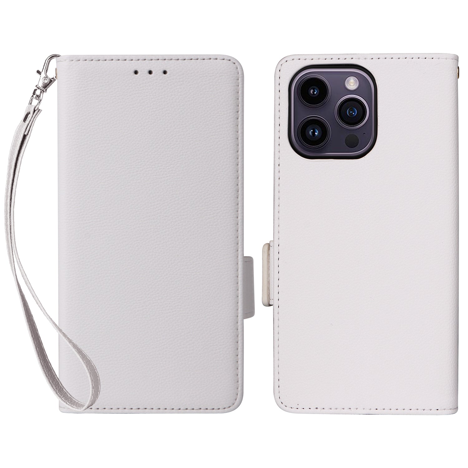 Wallet Phone Case For iPhone 15 Pro , Litchi Texture PU Leather Shell Phone Stand Cover with Strap - White