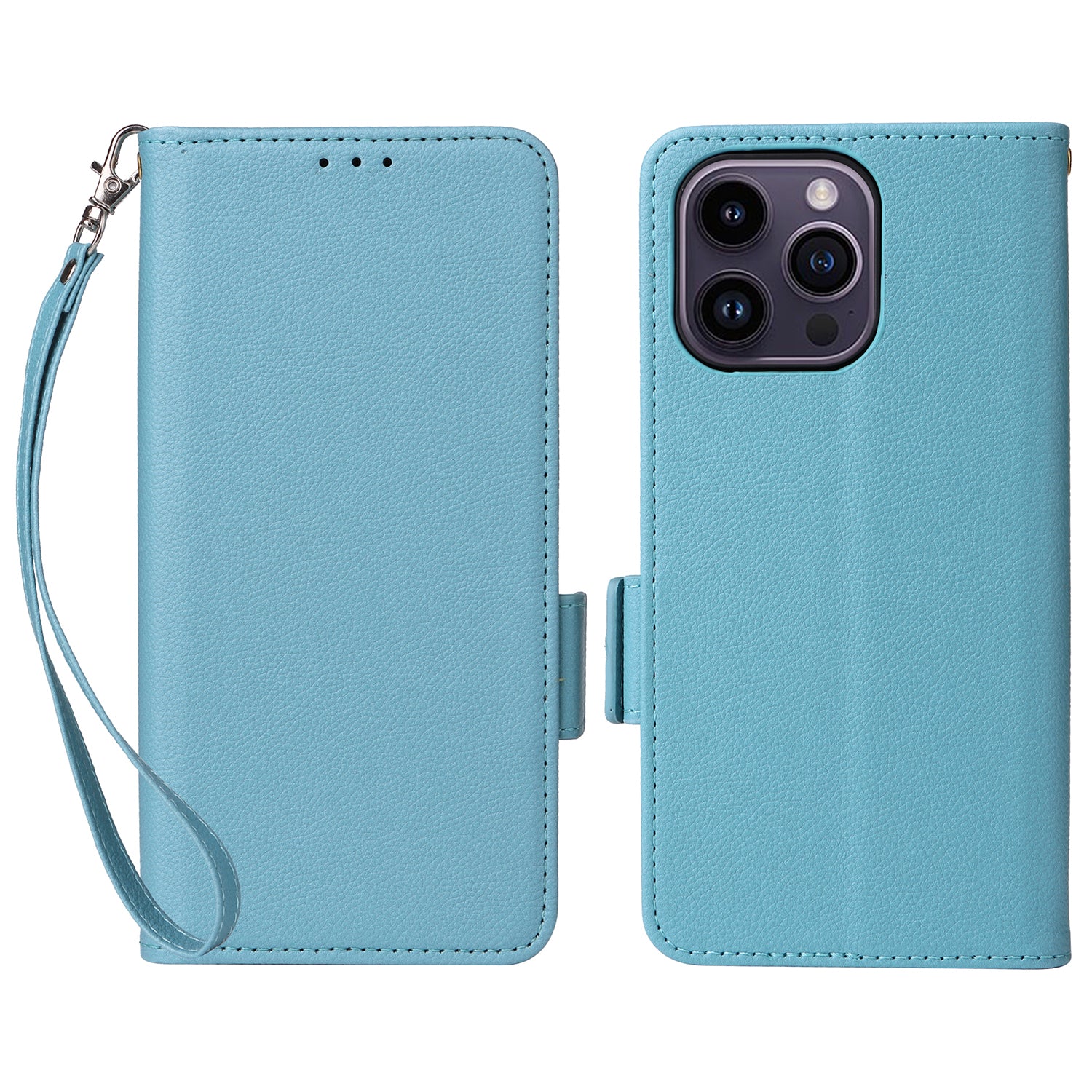 Wallet Phone Case For iPhone 15 Pro , Litchi Texture PU Leather Shell Phone Stand Cover with Strap - Baby Blue