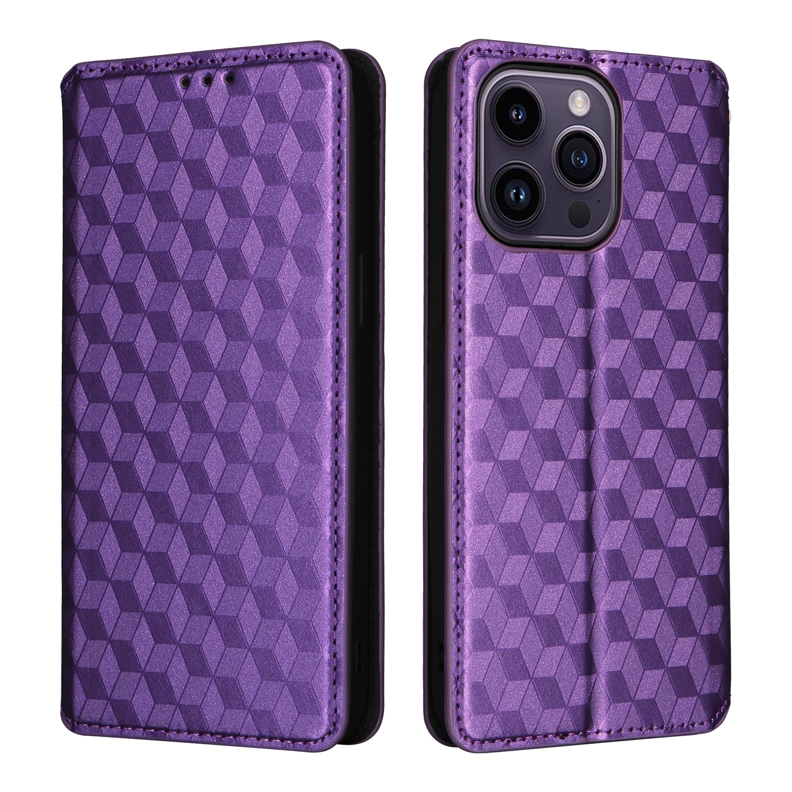 Wallet Stand Phone Case for iPhone 15 Pro , PU Leather + TPU Rhombus Imprinted Cover - Purple