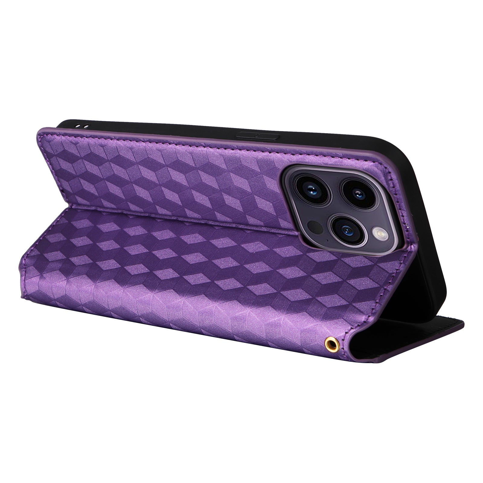 Wallet Stand Phone Case for iPhone 15 Pro , PU Leather + TPU Rhombus Imprinted Cover - Purple