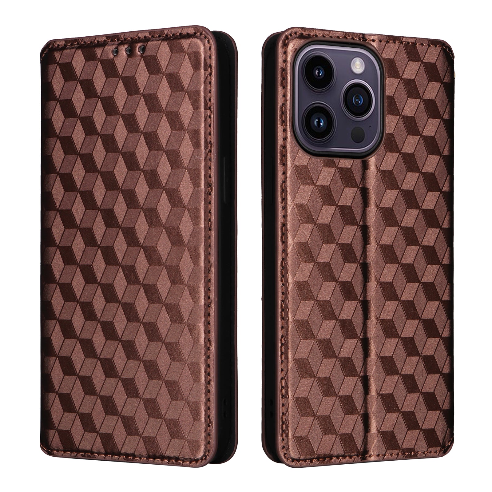 Wallet Stand Phone Case for iPhone 15 Pro , PU Leather + TPU Rhombus Imprinted Cover - Brown