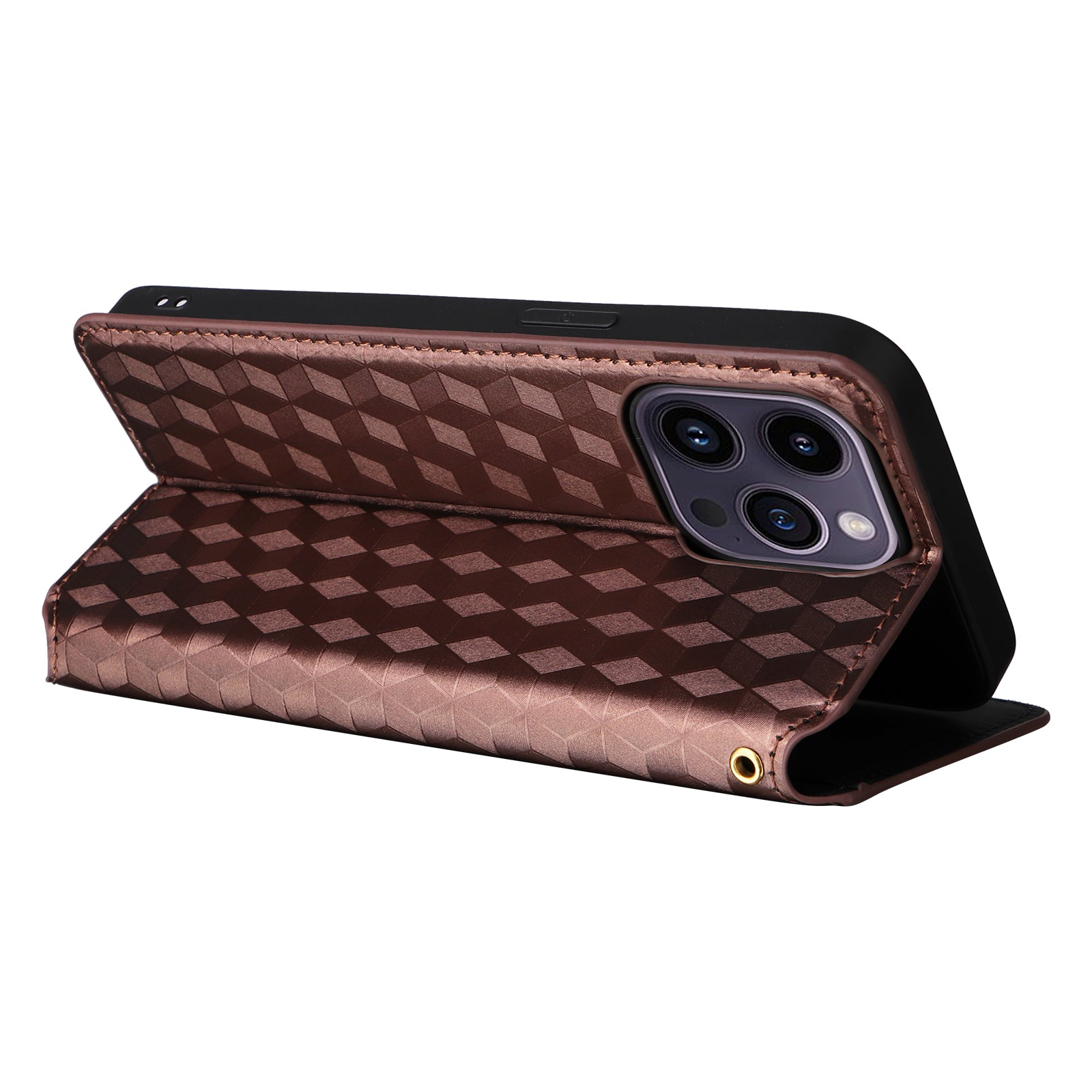 Wallet Stand Phone Case for iPhone 15 Pro , PU Leather + TPU Rhombus Imprinted Cover - Brown