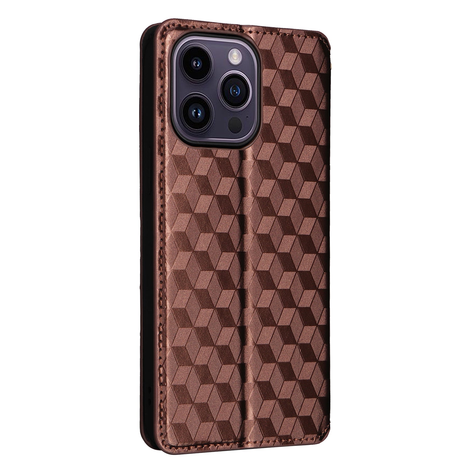 Wallet Stand Phone Case for iPhone 15 Pro , PU Leather + TPU Rhombus Imprinted Cover - Brown